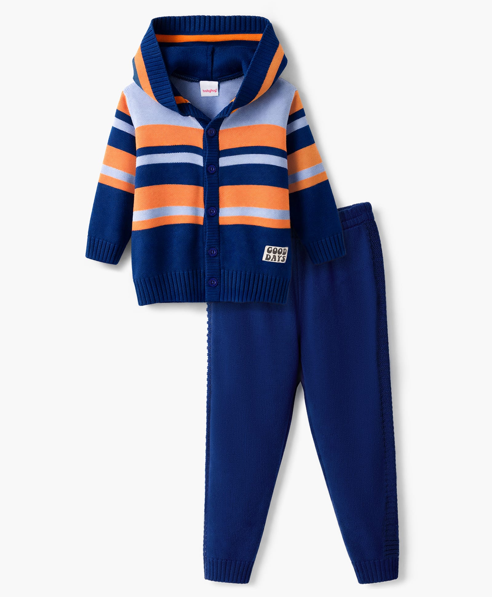 Babyhug Knit Full Sleeves Striped Hooded Front Open Sweater Set - Navy Blue-image-12