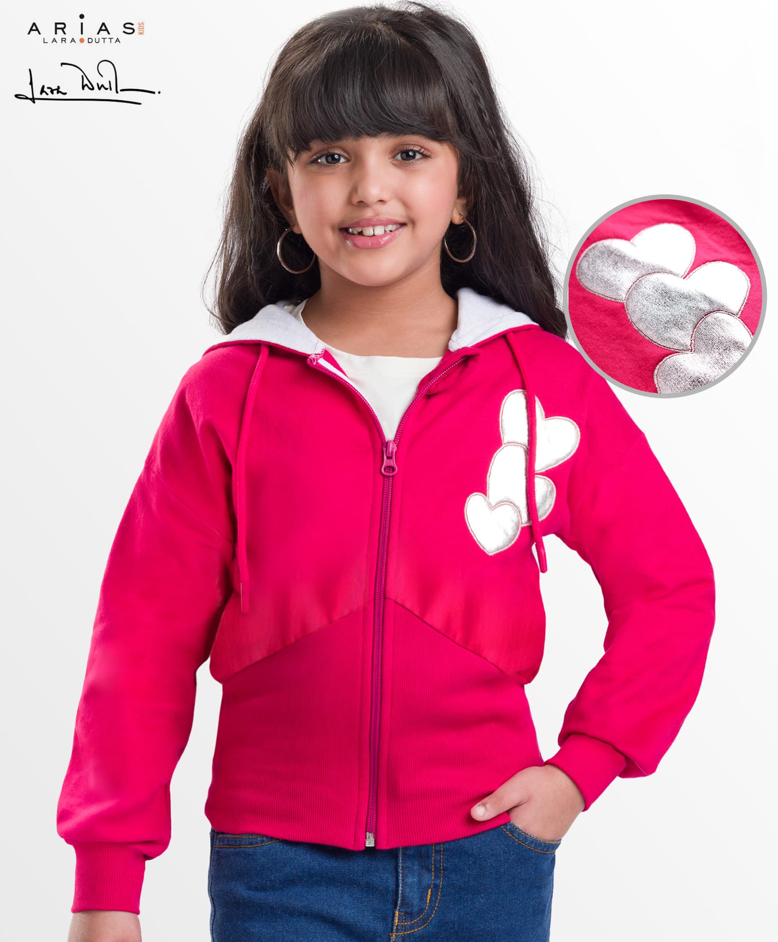 arias by lara dutta Arias 100% Cotton Fleece Knit Full Sleeves Hooded Sweatjacket With Foil Puffed Heart Patch - Dark Pink-picture-20