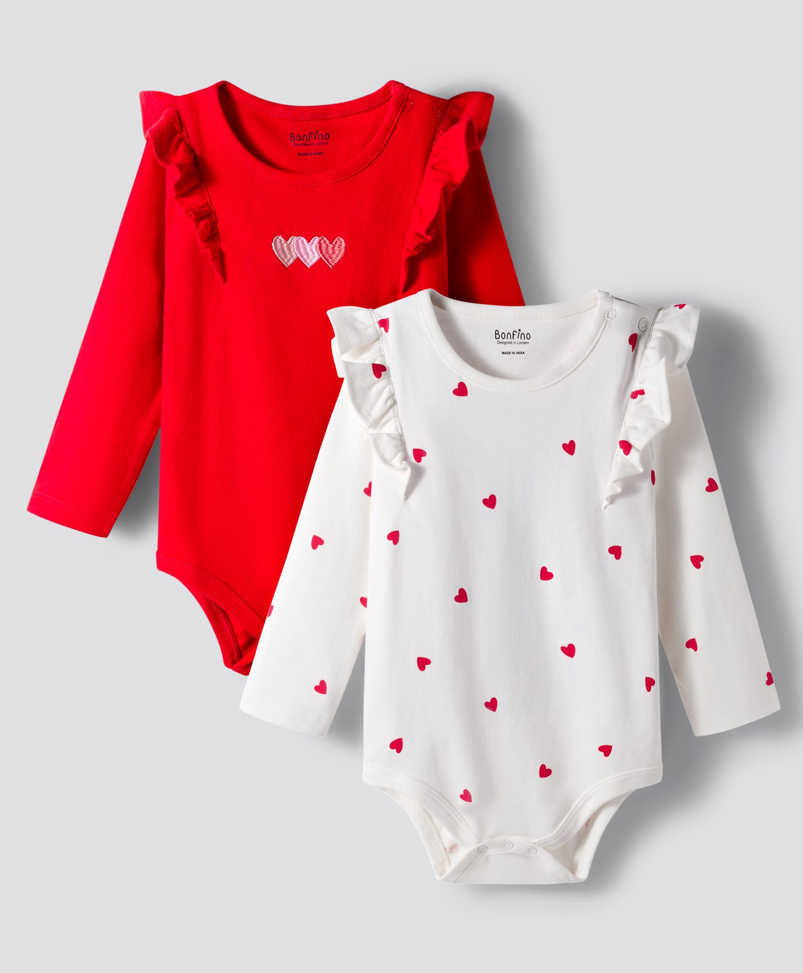 Bonfino 100% Cotton Knit Full Sleeves Onesies with Frill Detailing & Heart Embroidery & Print Pack of 2 - White & Red-picture-18