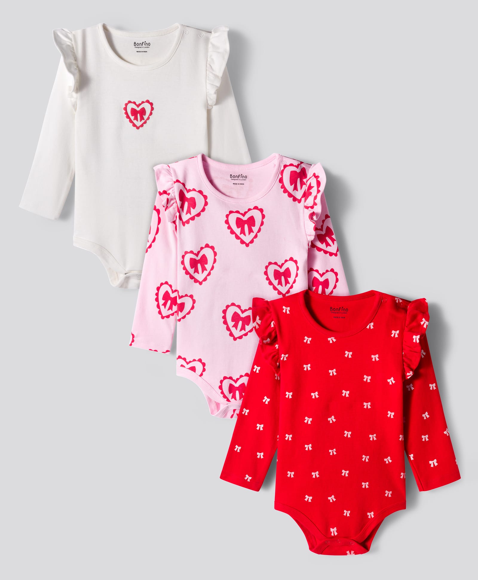 Bonfino 100% Cotton Knit Full Sleeves Bow & Heart Printed Onesies Pack of 3 - Light Pink White & Red-picture-24