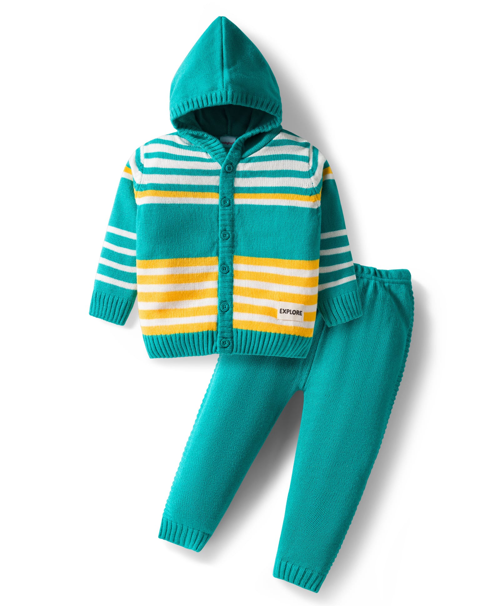 Babyhug Knit Full Sleeves Front Open Hooded Sweater & Pant Set with Stripes - Mint-picture-32