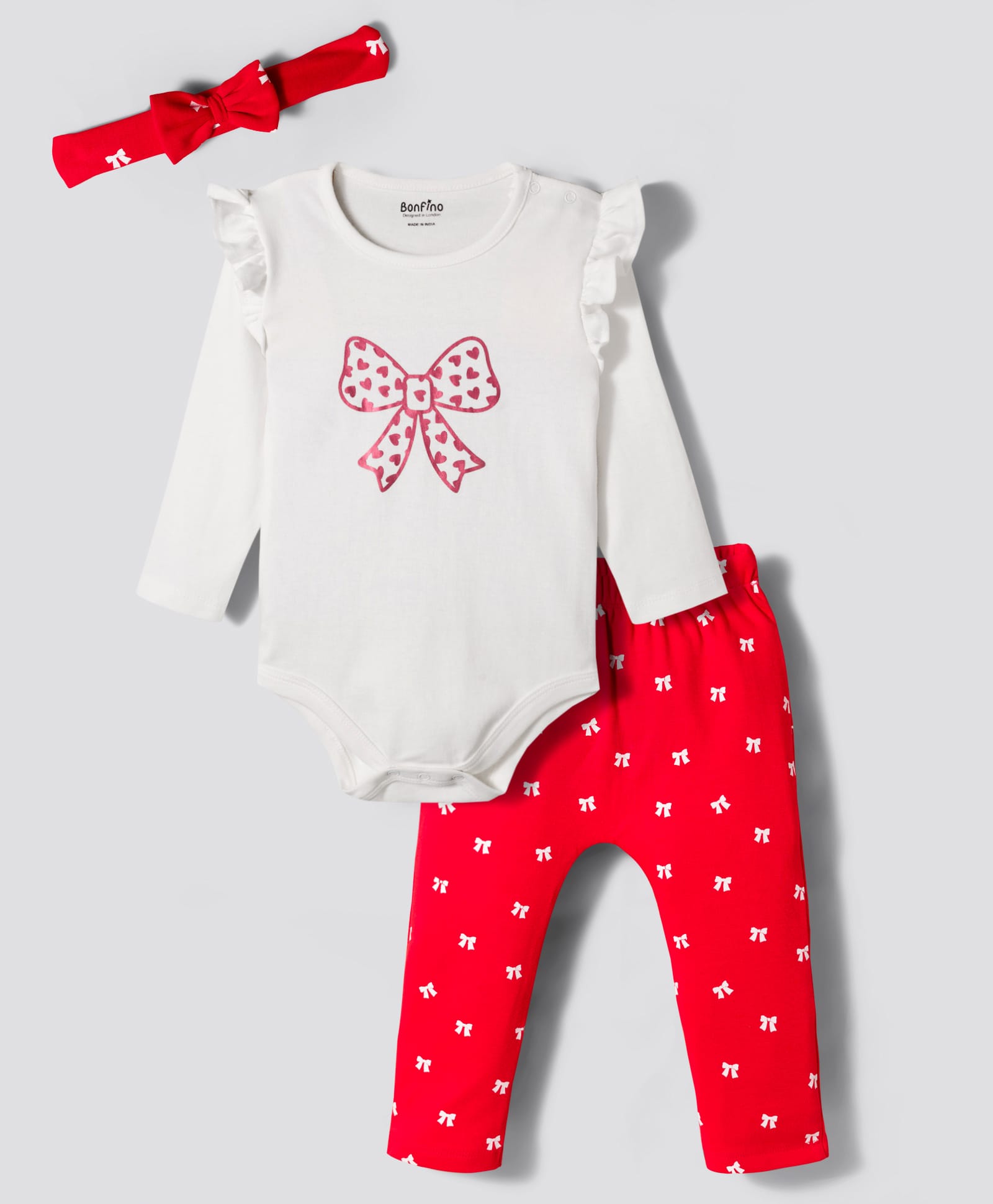 Bonfino 100% Cotton Full Sleeves Bow Printed Onesies With Leggings & Headband - Red & White-picture-43