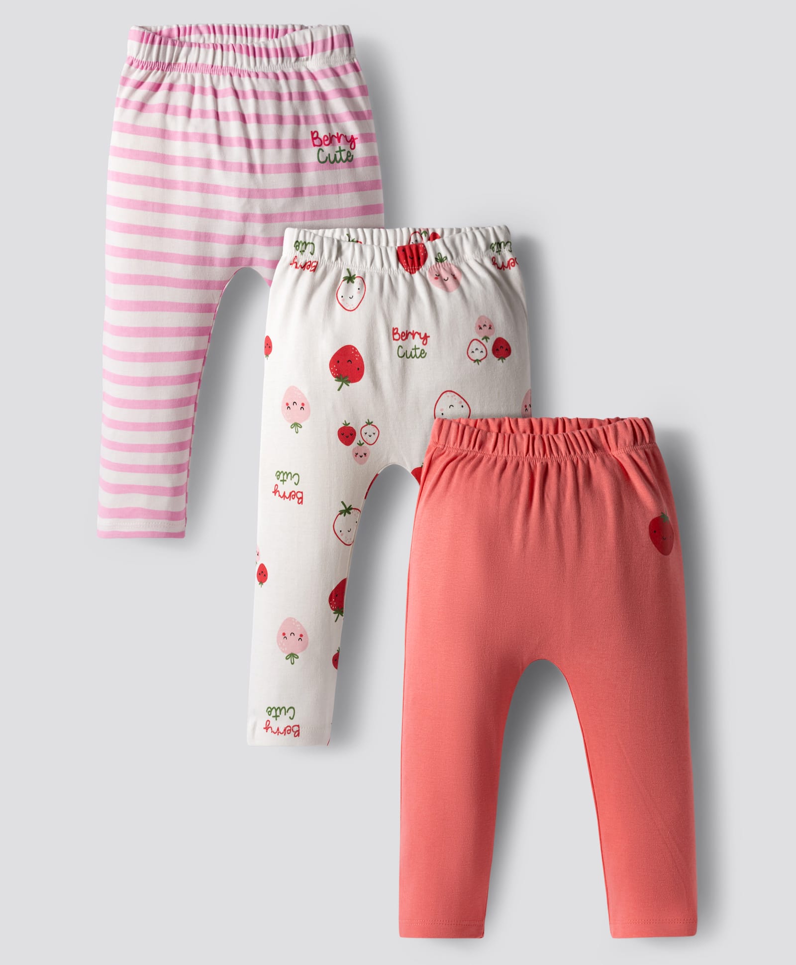 Bonfino 100% Cotton Knit Full Length Diaper Leggings with Stripes & Fruits Print Pack of 3 - White Pink & White-picture-39