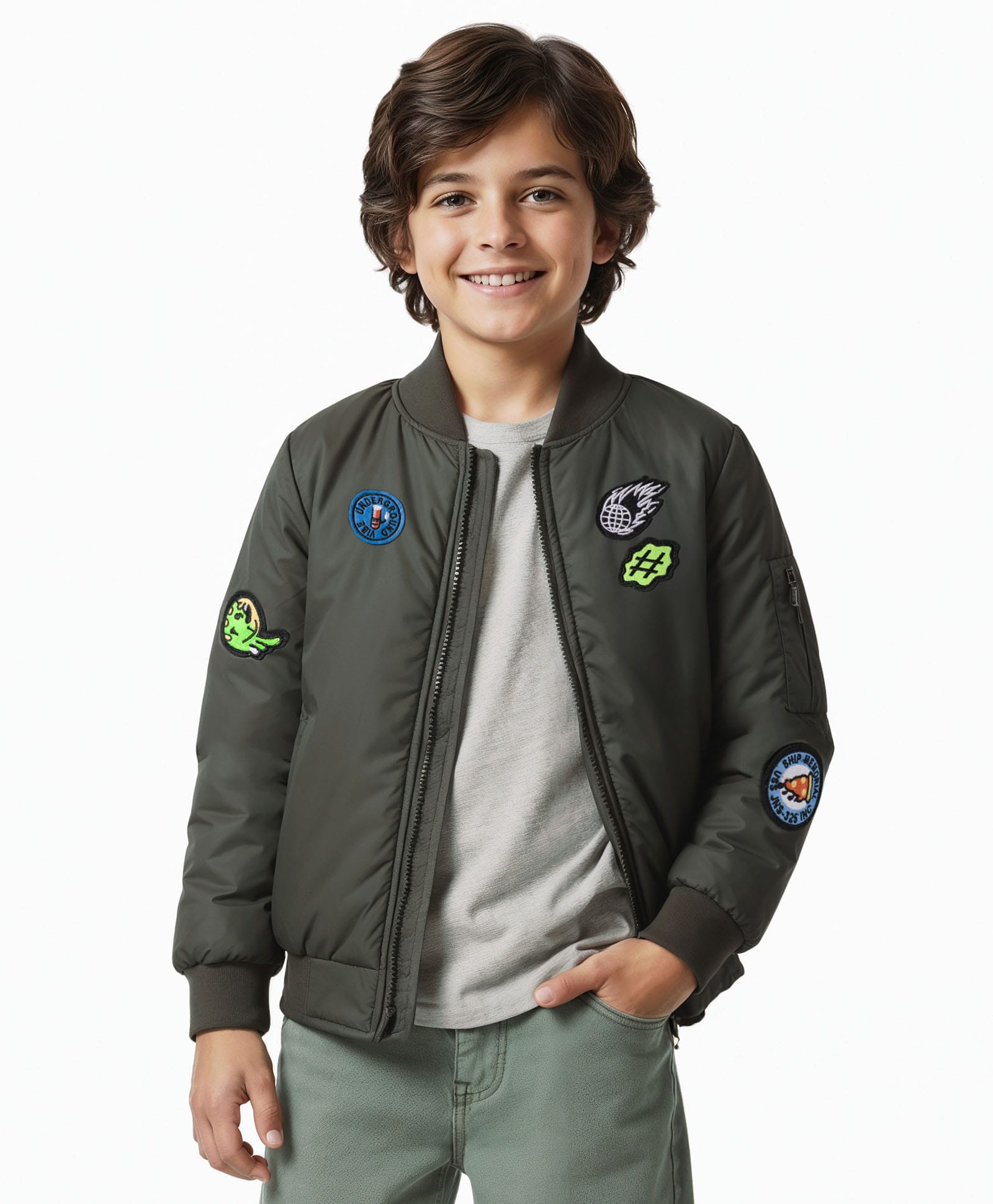 Pine Kids Woven Full Sleeves Bomber Jacket with Patch Detailing - Olive Green-picture-15