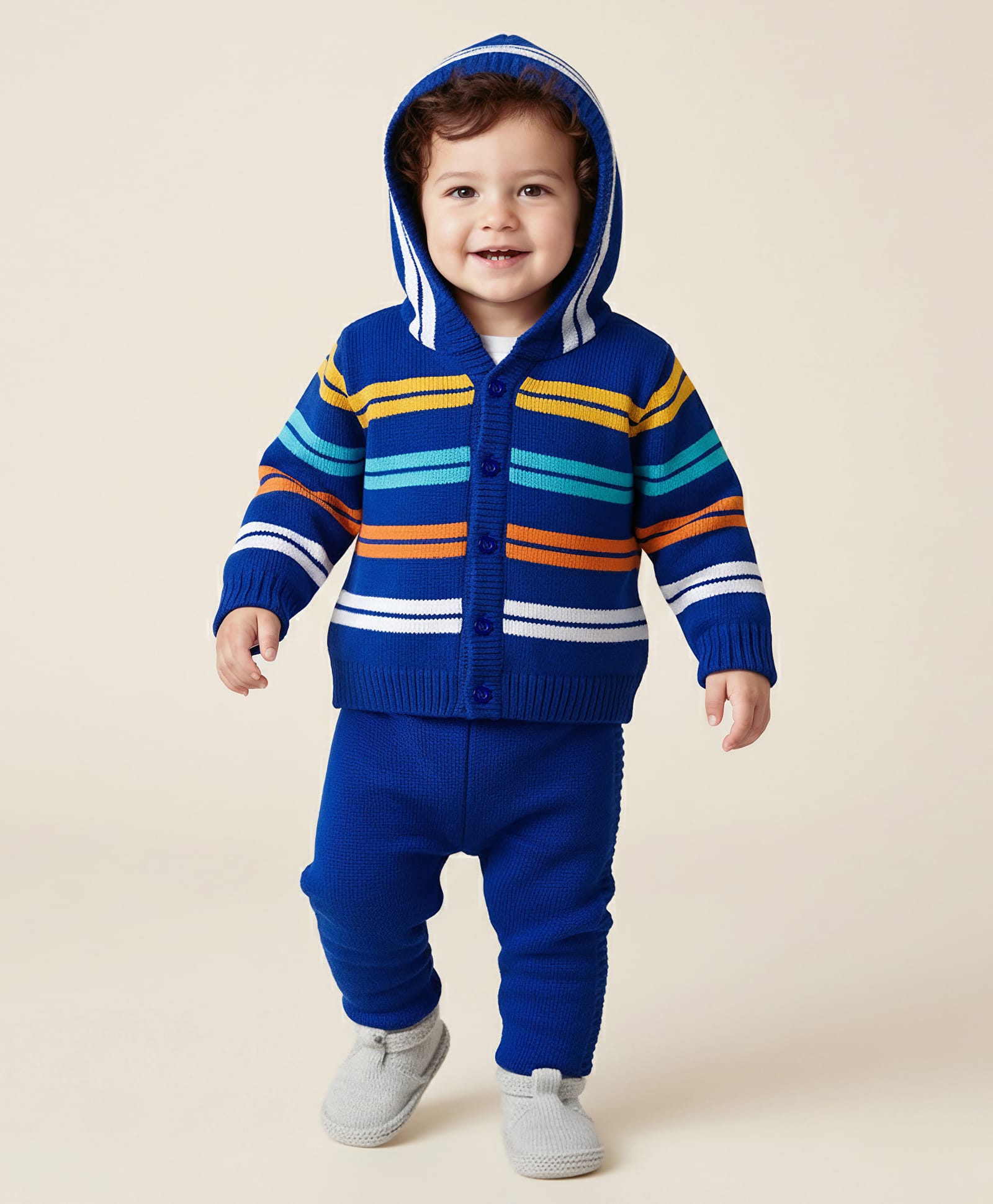 Babyhug Knitted Full Sleeves Striped Hooded Sweater Set - Royal Blue-image-30