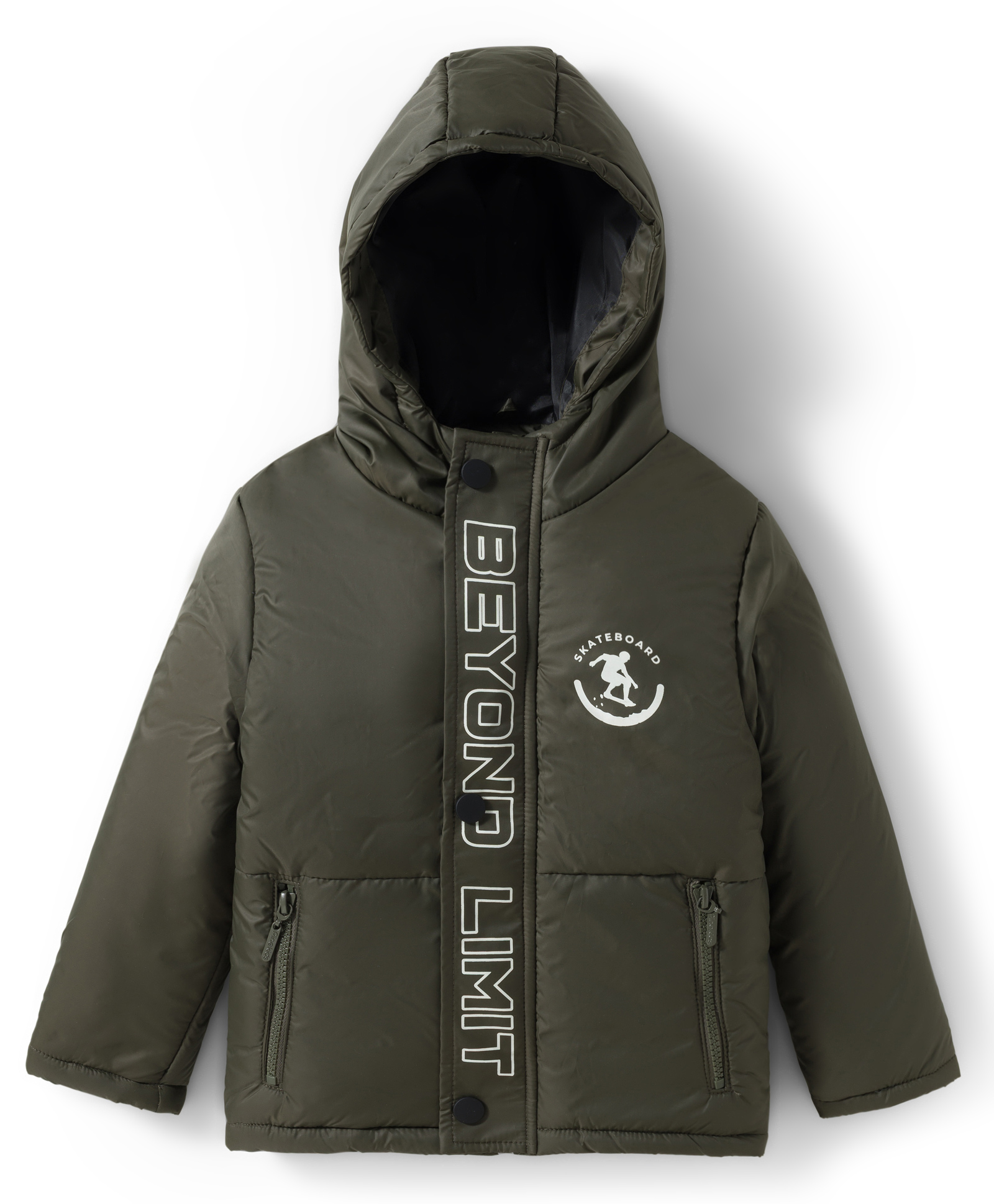 Pine Kids Woven Full Sleeves Hooded Padded Jacket With Skateboard Print - Dark Green-picture-20