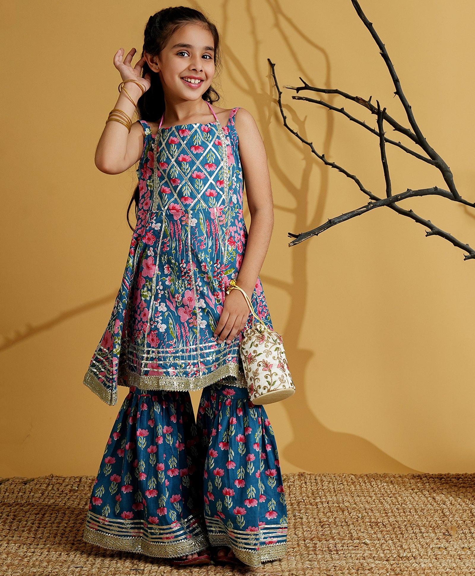 AJ Dezines Cotton Woven Sleeveless Floral Printed Gota Lace Embellished Kurta Sharara Set - Blue-picture-16