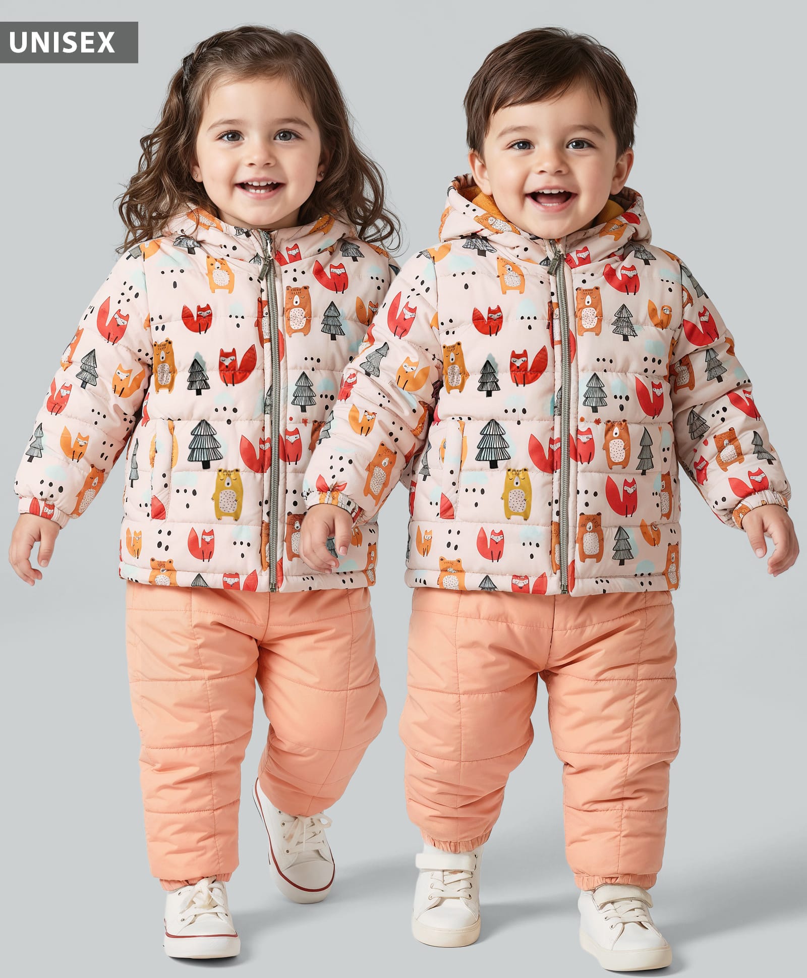 Babyhug Woven Full Sleeves Winter Wear Hooded Padded Jacket & Lounge Pant Set with Jungle Theme Print - Peach-picture-16