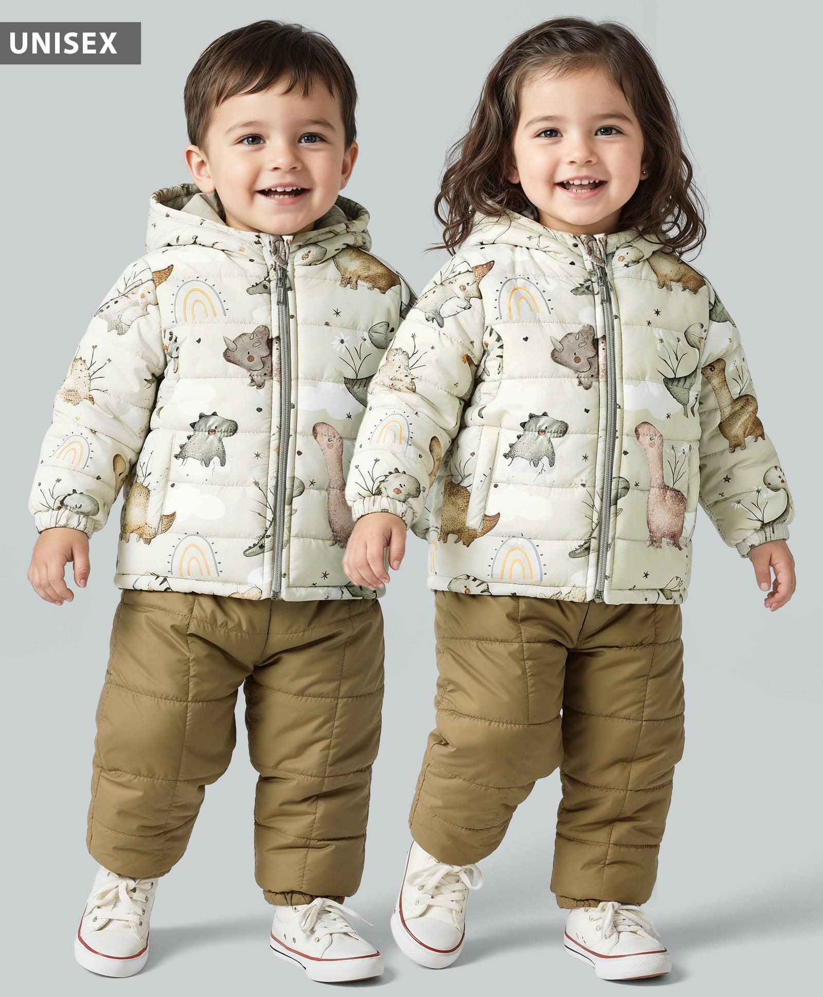 Babyhug Woven Full Sleeves Front Open Hooded Quilted Winter Wear Suit Set with Dino Print - Beige & Olive Green-picture-25