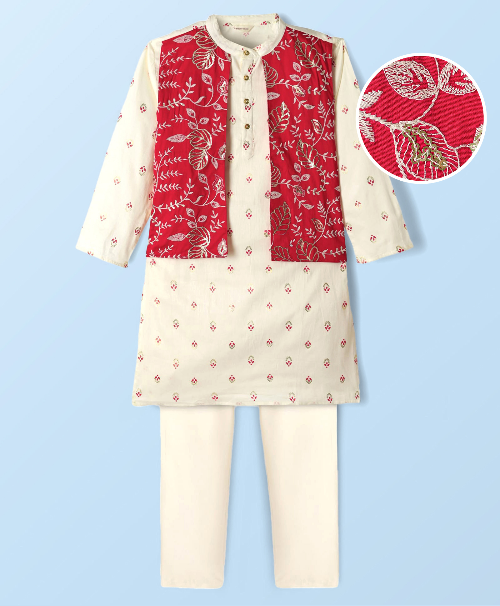 EARTHY TOUCH Cotton Woven Full Sleeves Floral Print Kurta Pajama Set with Attached Jacket & Embroidery - Off White-image-42
