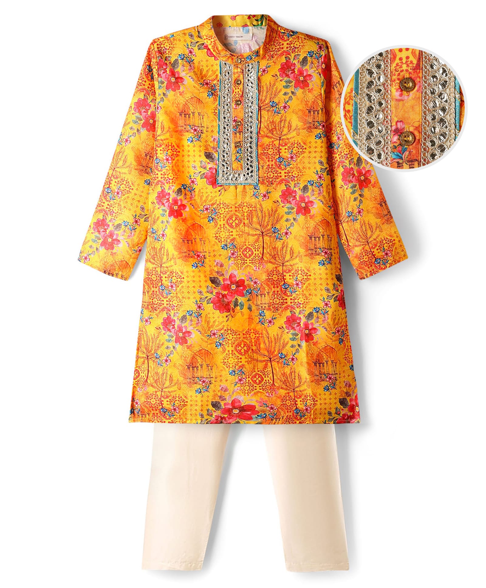 EARTHY TOUCH Woven Full Sleeves Floral Printed Kurta & Pyjama Set - Mustard-image-29