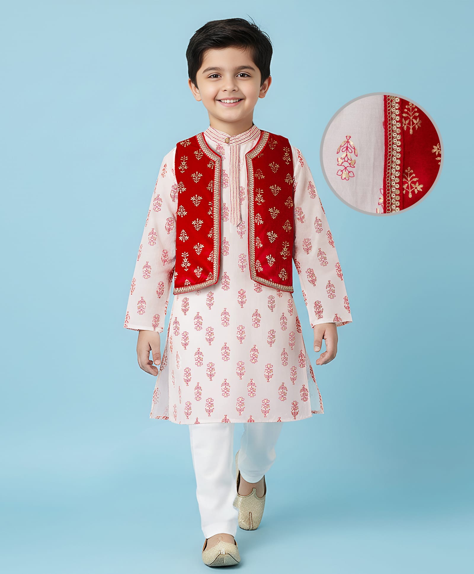 EARTHY TOUCH Viscose Woven Full Sleeves Kurta Pajama & Jacket Set With Floral Print - Off White-image-42