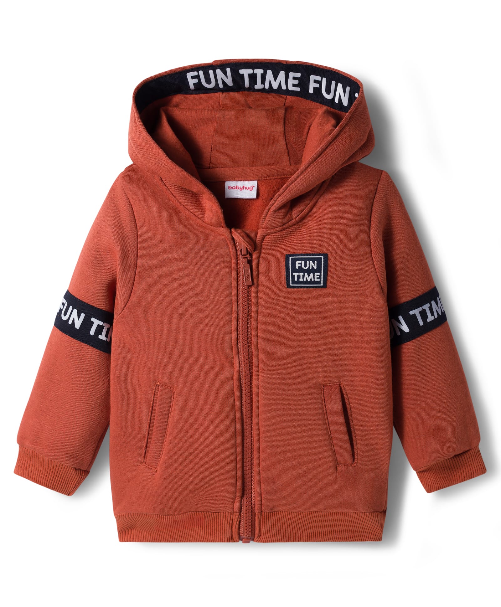 Babyhug Fleece Knit Full Sleeves Hooded Sweatjacket With Fun Time Patch & Kangaroo Pockets - Brown-image-24