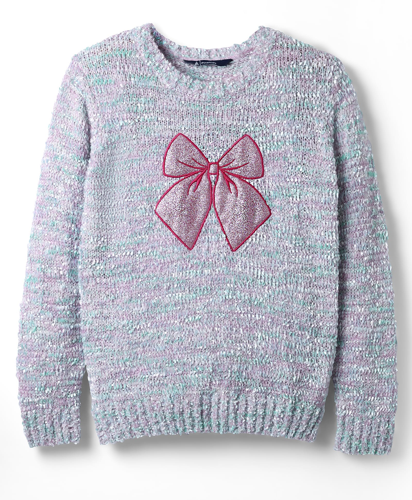 Pine Kids Knit Full Sleeves Pullover Sweater with Glittery Bow Design - Silver Pink & Sea Green-image-1