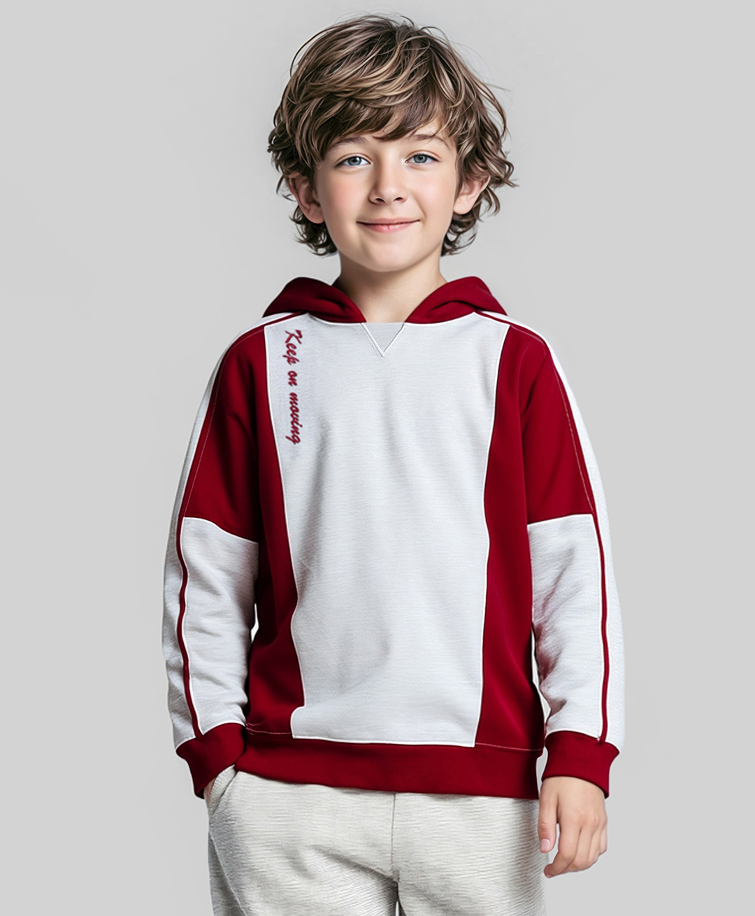 Primo Gino 100% Cotton French Terry Knit Drop Shoulder Full Sleeves Colour Block Hooded Sweatshirt With Front & Back Text Print - Maroon & Light Grey-image-11