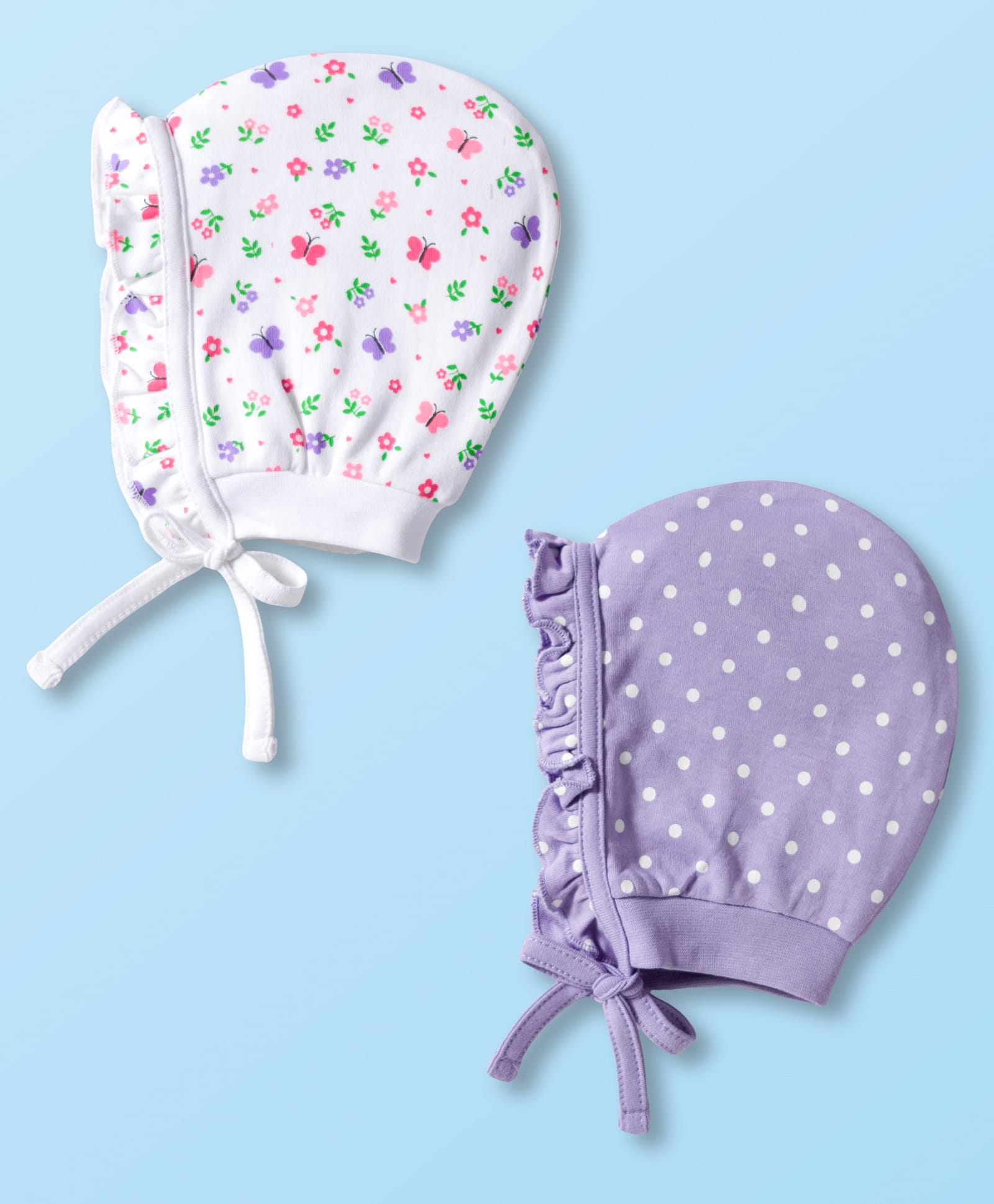 Babyhug 100% Cotton Bonnet Cap with Floral Print & Polka Dot Pack of 2 White & Purple - Diameter 14 cm
