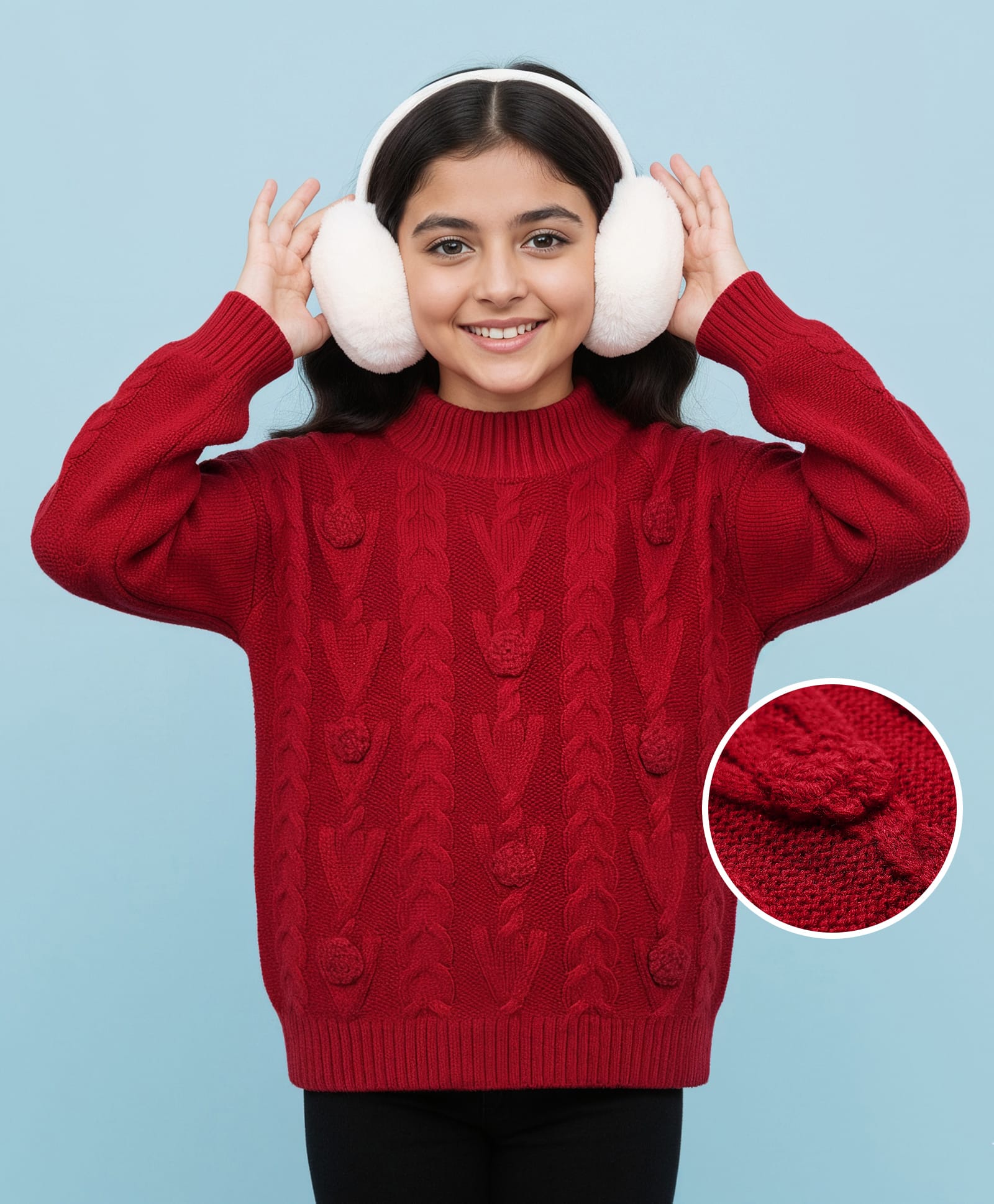 Pine Kids Knit Full Drop Shoulder Sleeves Turtle Neck Pullover Sweater with Cable Knit Design - Red-picture-35