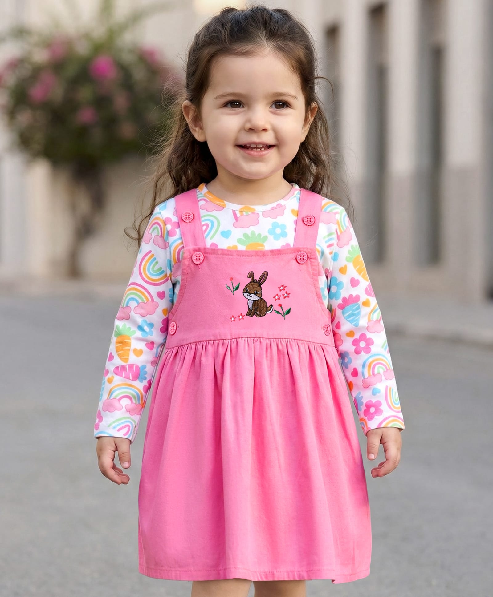 Babyhug Cotton Knit Frock & Full Sleeves Inner Tee With Bunny Embroidery & Rainbow Print - Pink & White-image-32