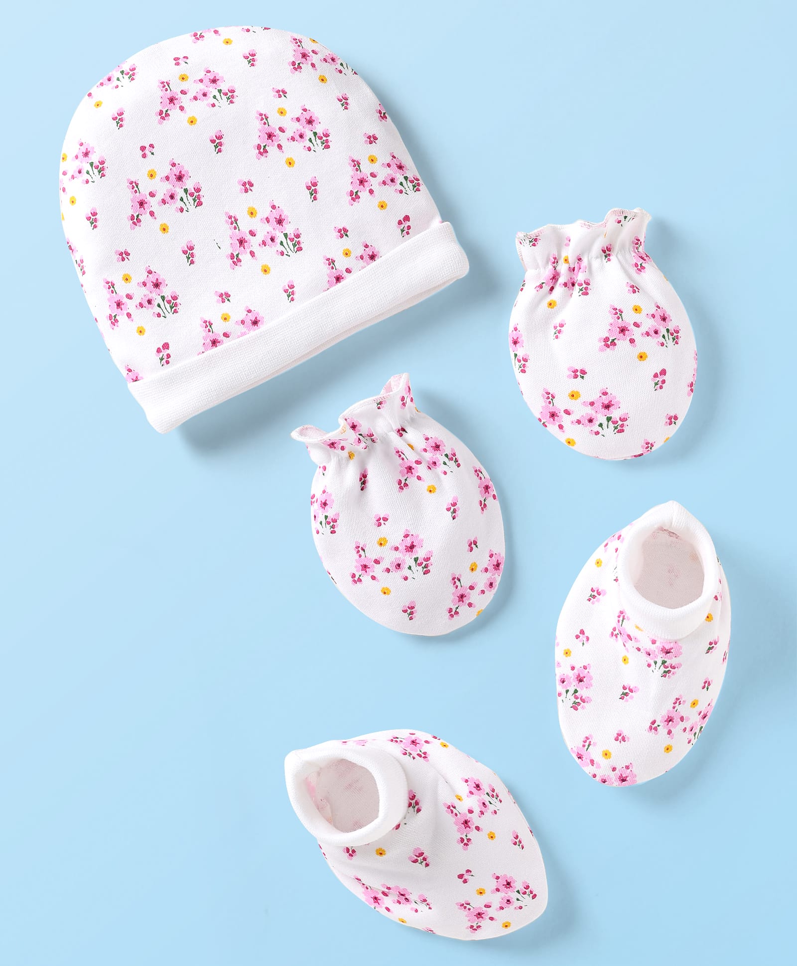 Babyhug 100% Cotton Cap Mittens & Booties Set With Floral Print White & Pink - Diameter 10.5 cm-image-12