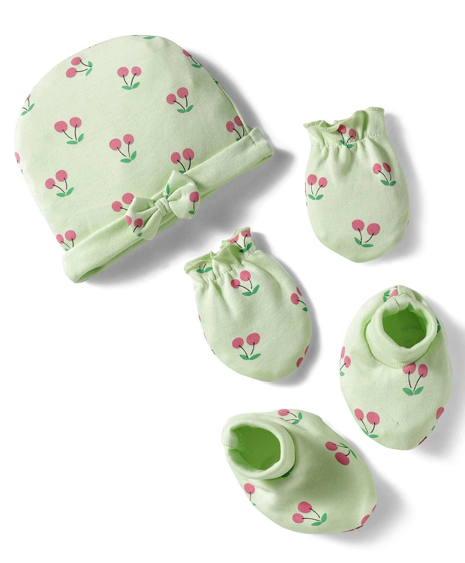 Babyhug 100% Cotton Interlock Knit Cap Mittens & Booties Set With Cherry Print Green - Diameter 17 cm