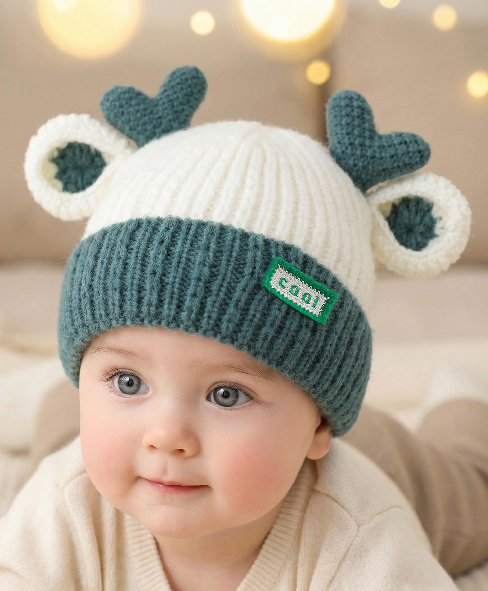 Babyoye Woollen Cap with Ear Applique Dark Green - 9.5 Diameter-picture-18