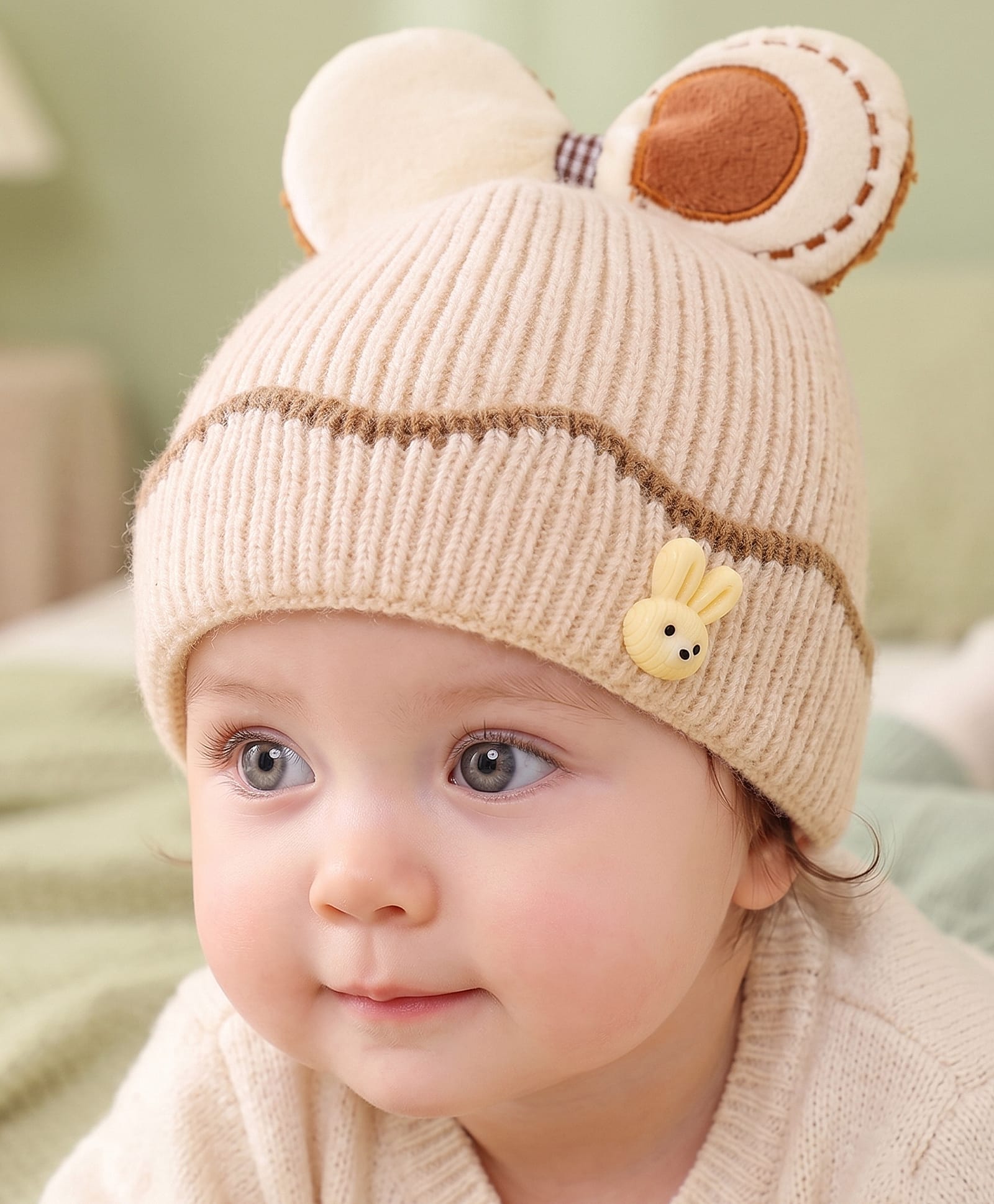 Babyoye Woollen Cap with Animal Patch & Applique Beige - 12 cm Diameter-image-8