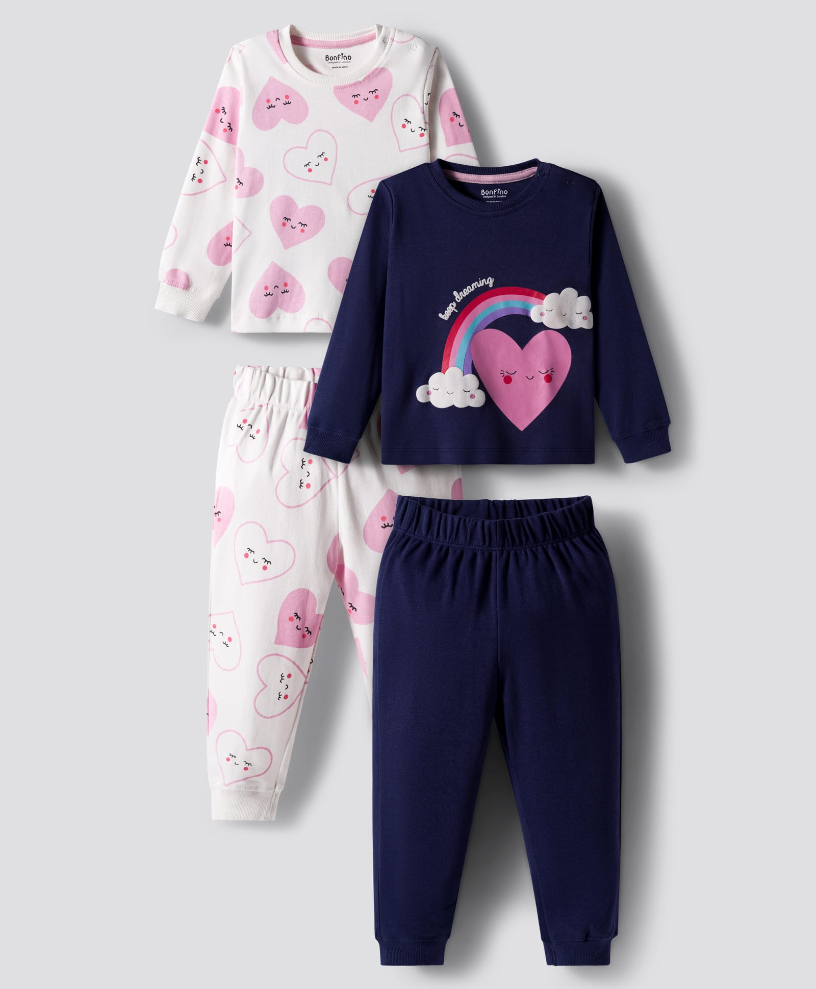 Bonfino 100% Cotton Knit Full Sleeves Night Suit With Heart Print Pack Of 2 - Navy Blue & White-picture-1