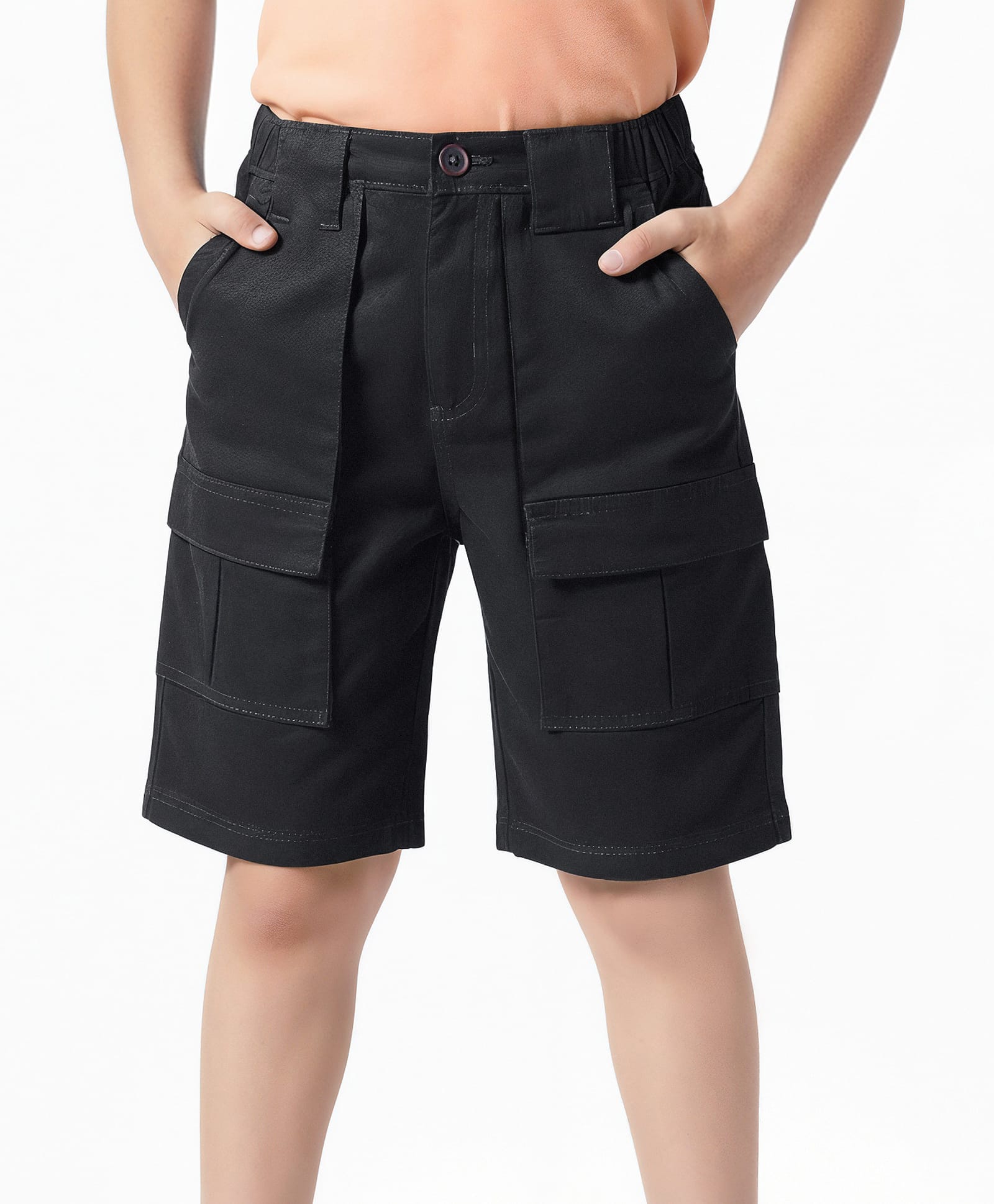 arias by lara dutta Arias Cotton Twill Elastane Woven Knee Length Solid Shorts With Cargo Pockets - Black-picture-19
