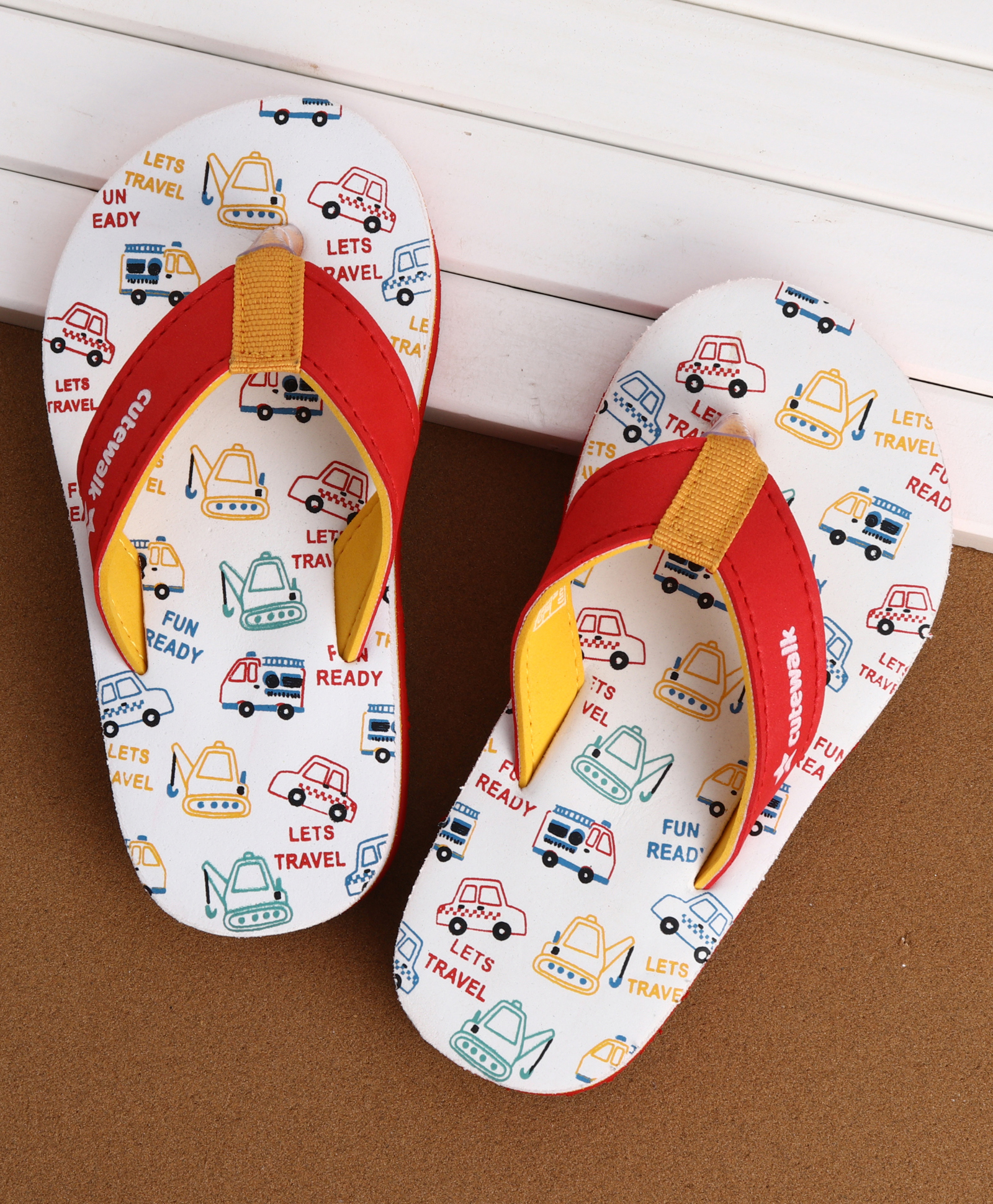 Cute Walk by Babyhug Flip Flops With Vehicle Print - White-picture-28