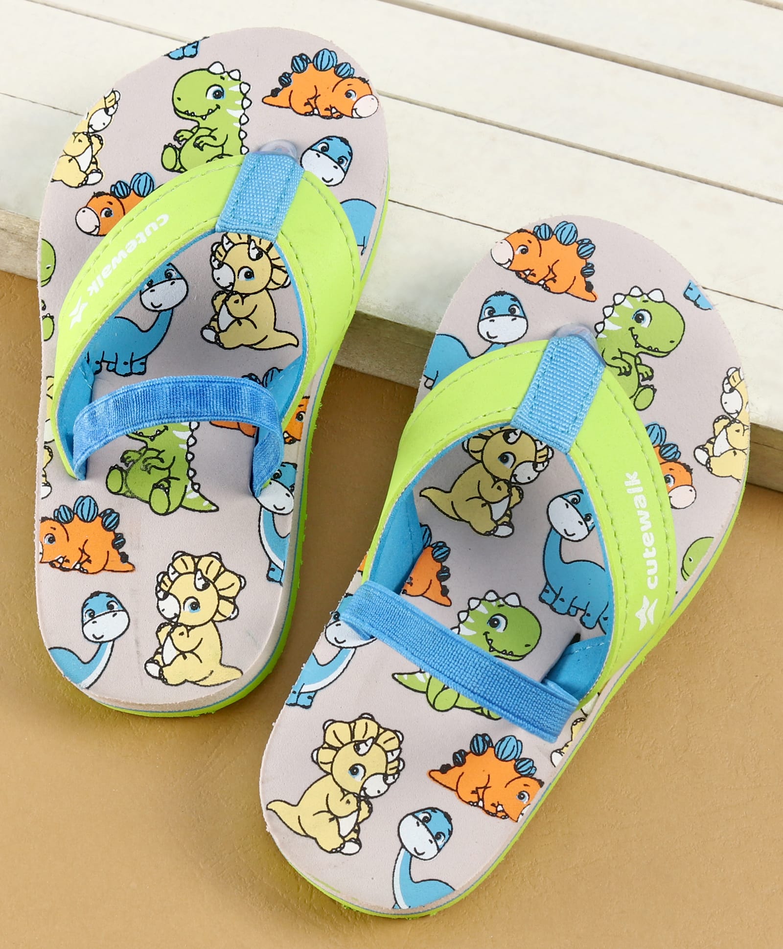 Cute Walk by Babyhug Dino Printed Flip Flops with Back Strap Closure - Green & Grey-image-44