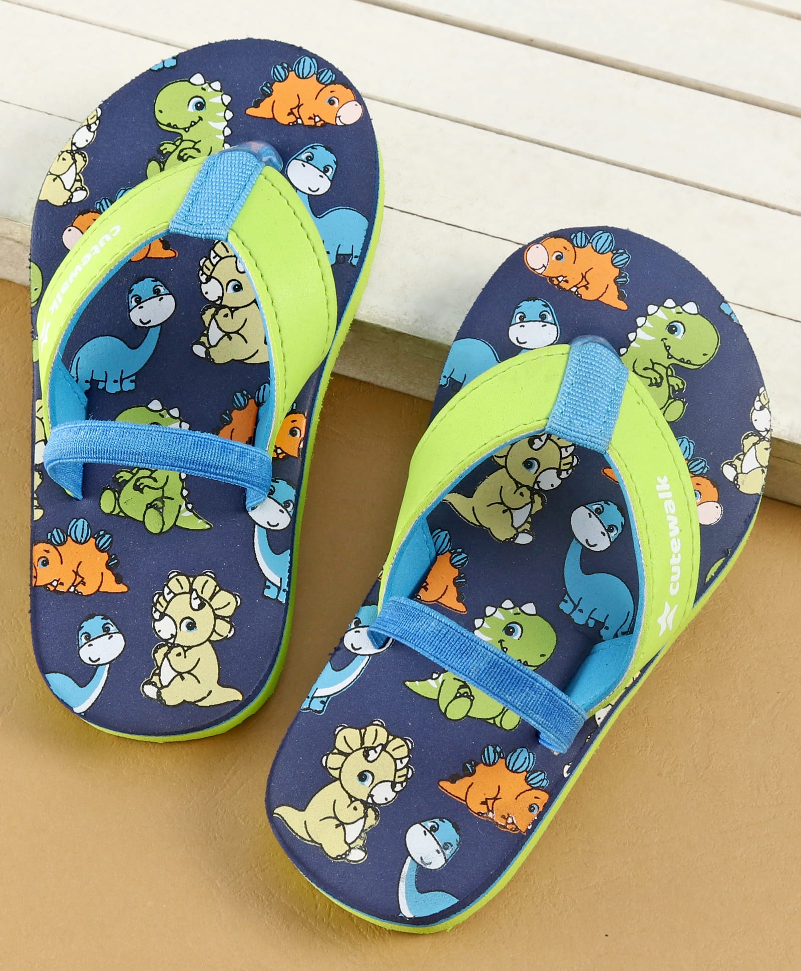 Cute Walk by Babyhug Dino Printed Flip Flops with Back Strap Closure - Green & Navy Blue