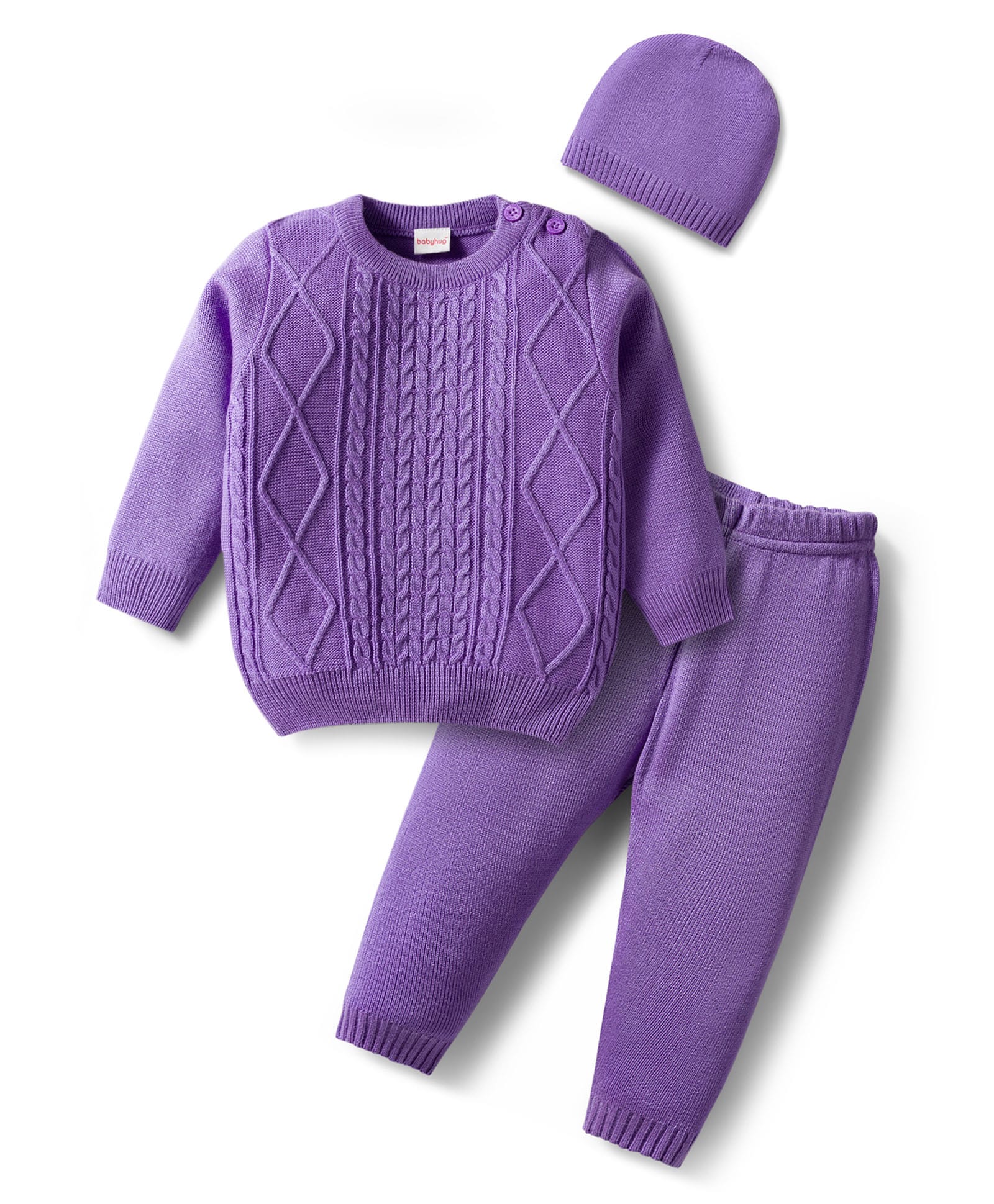 Babyhug Knit Full Sleeves Sweater Set with Cable Knit Design & Cap - Lavender-image-12