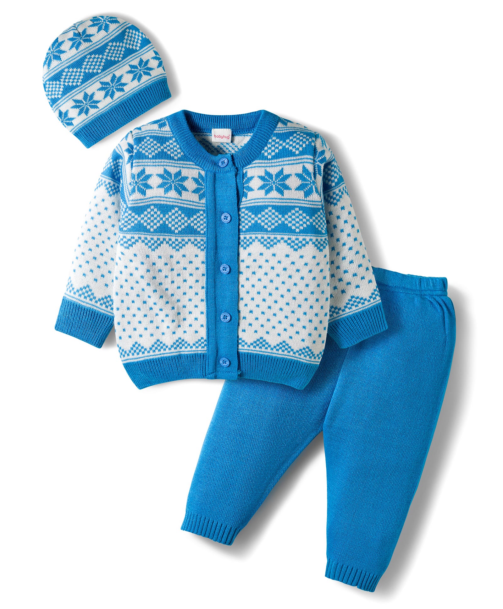 Babyhug Knit Full Sleeves Sweater Set With Cap & Aztec Design - Light Blue-picture-22