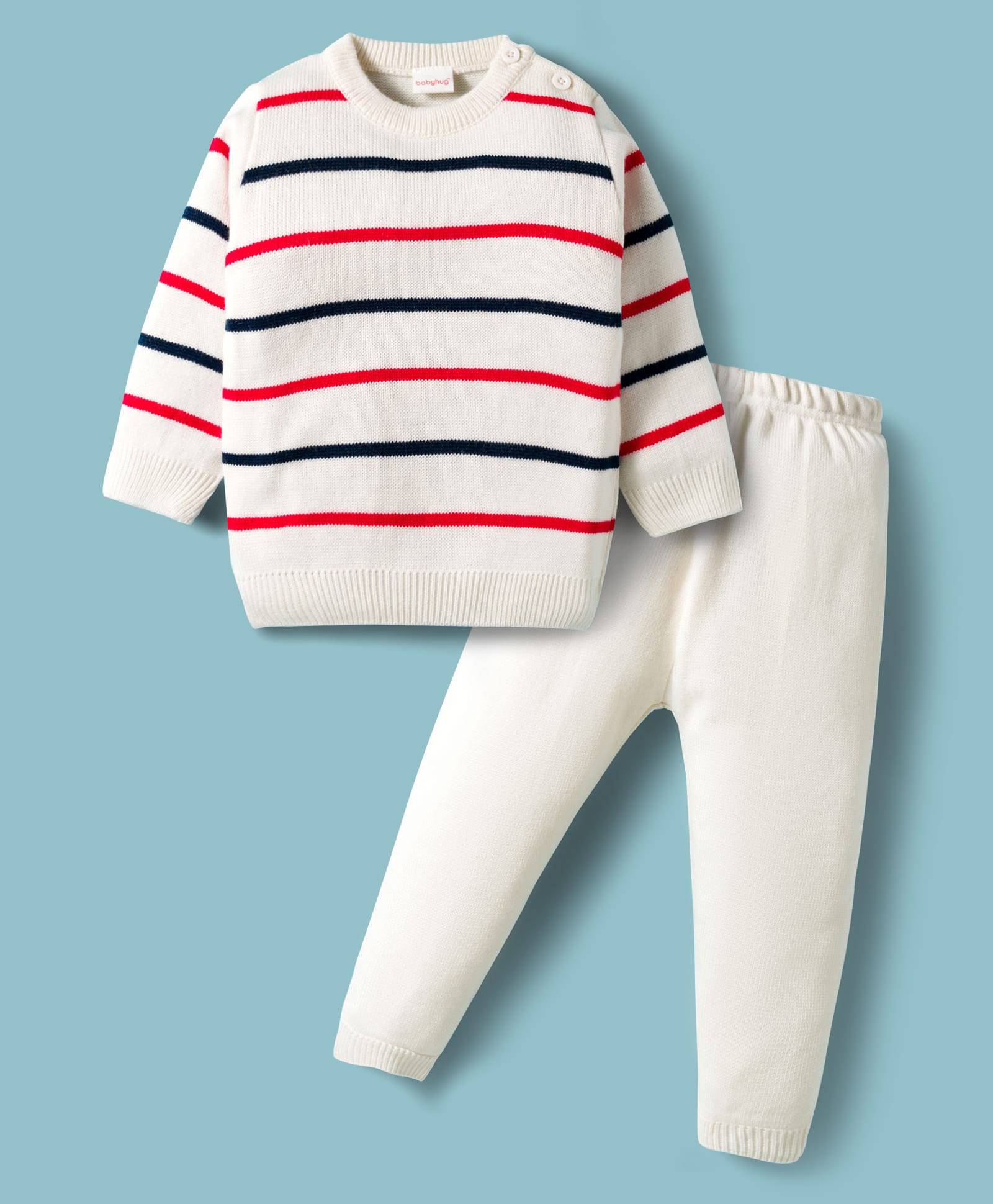 Babyhug Knit Full Sleeves Sweater & Pant Set with Stripe Design - White