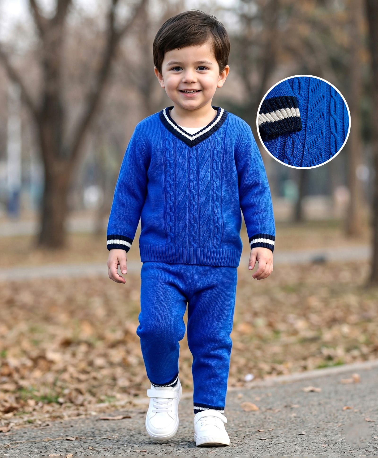 Babyhug Knitted Full Sleeves Sweater Set With Cable Knit Design - Royal Blue-image-42