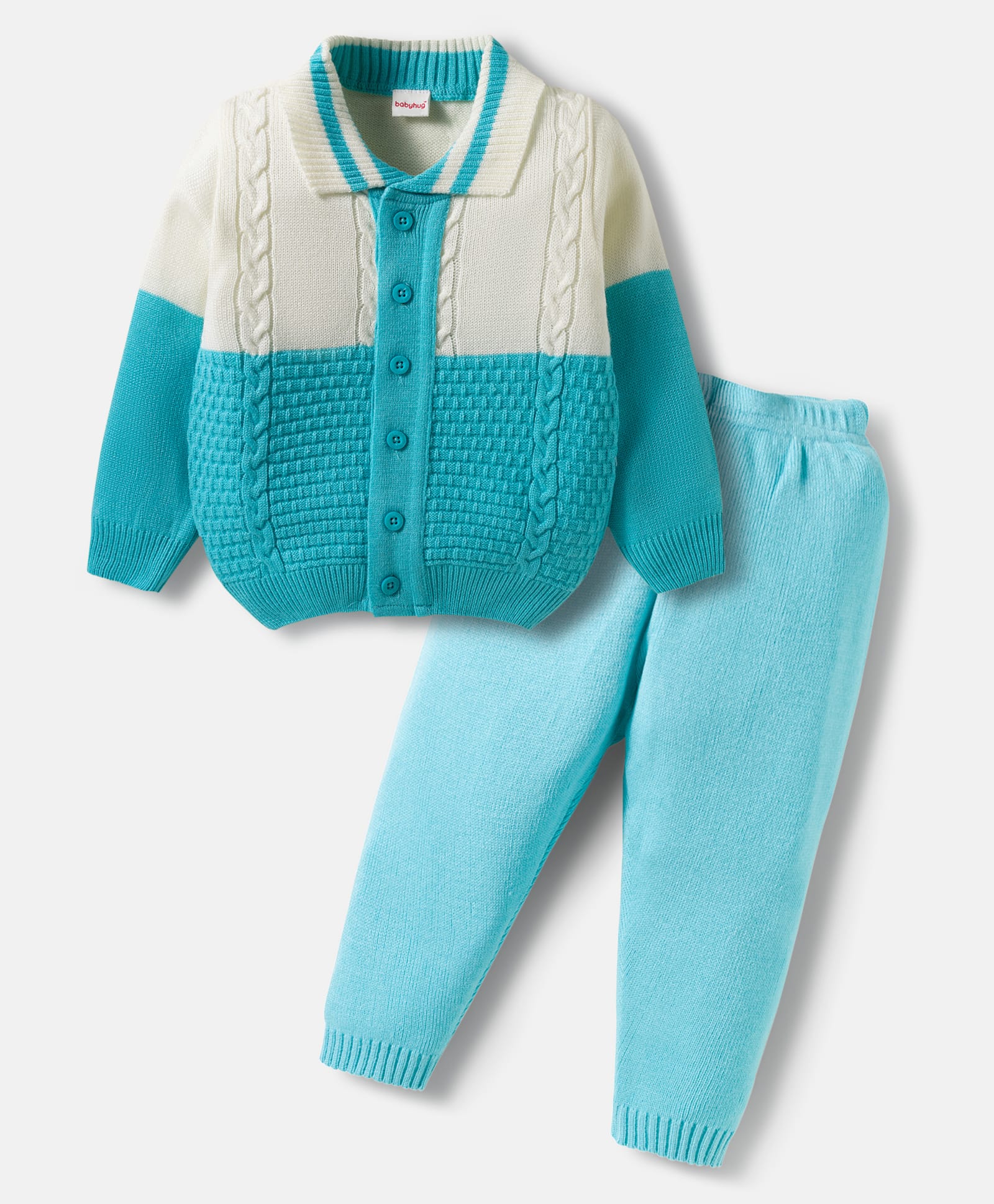 Babyhug Knit Full Sleeves Front Open Color Block Sweater Set with Cable Knit Design - Light Blue & Beige-image-9