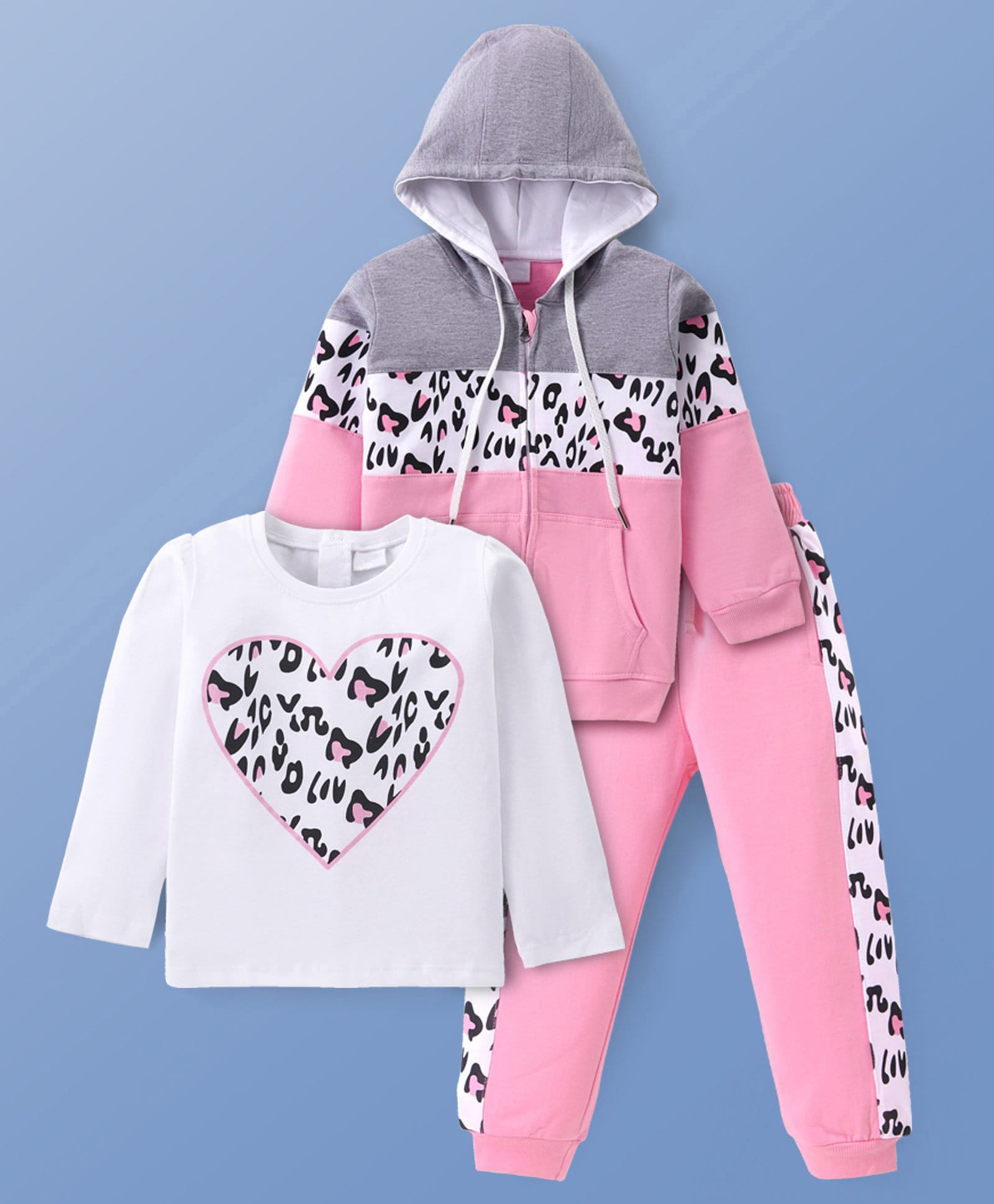 Mark & Mia Terry Knit Full Sleeves Cut & Sew Winter Wear Hooded SweatJacket & Lounge Pant Set with T-Shirt & Cheetah Print - Pink-image-45