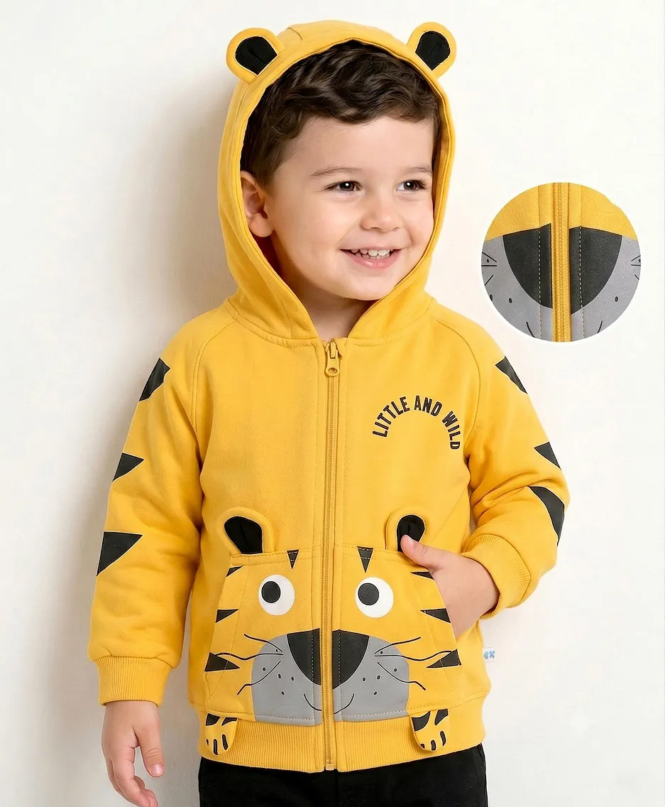 Mark & Mia Terry Knit Full Raglan Sleeves Hooded Sweatjacket with Tiger Print & Applique & Kangaroo Pockets - Yellow-image-49