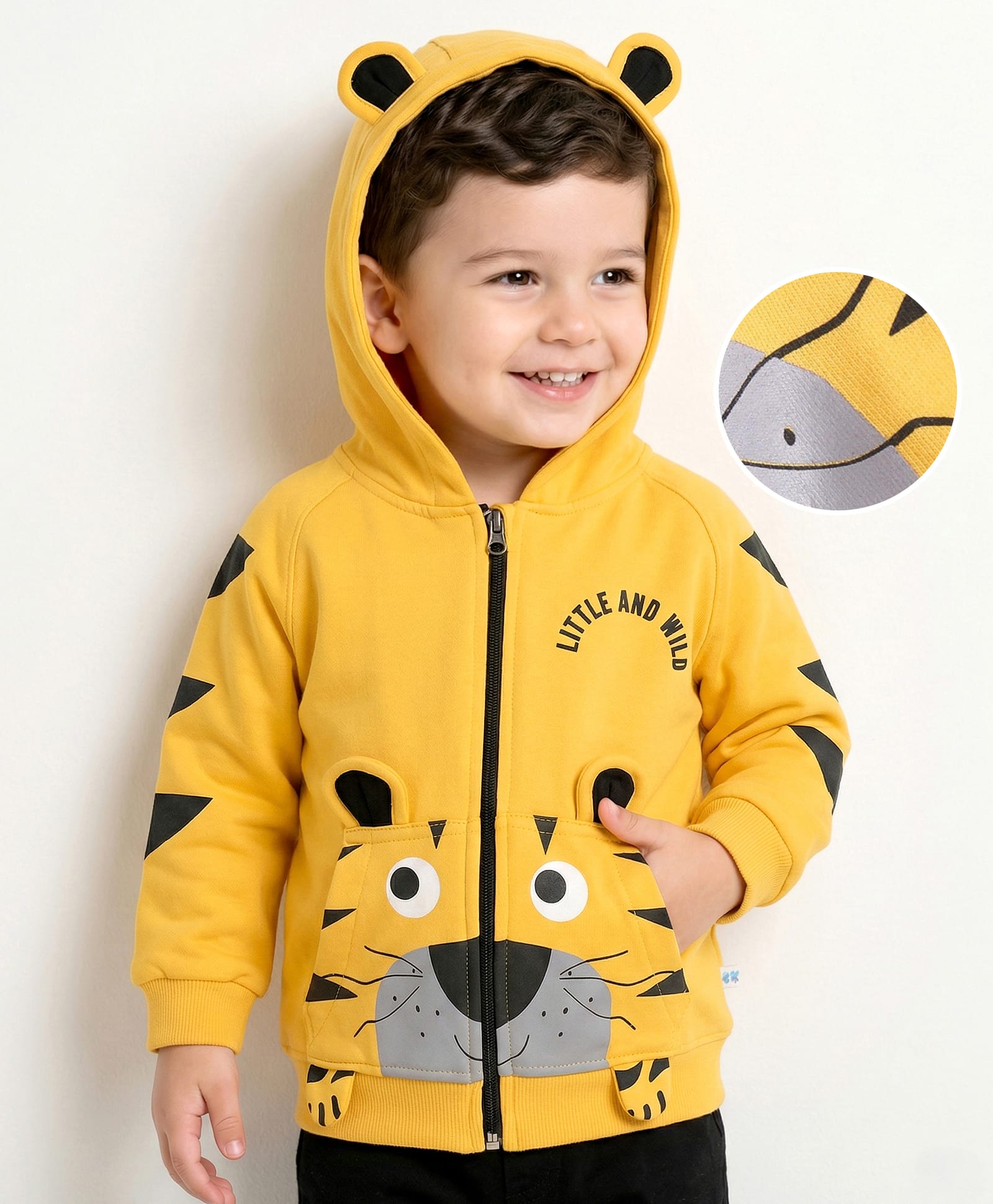 Mark & Mia Terry Knit Full Raglan Sleeves Hooded Sweatjacket with Tiger Print & Applique & Kangaroo Pockets - Yellow