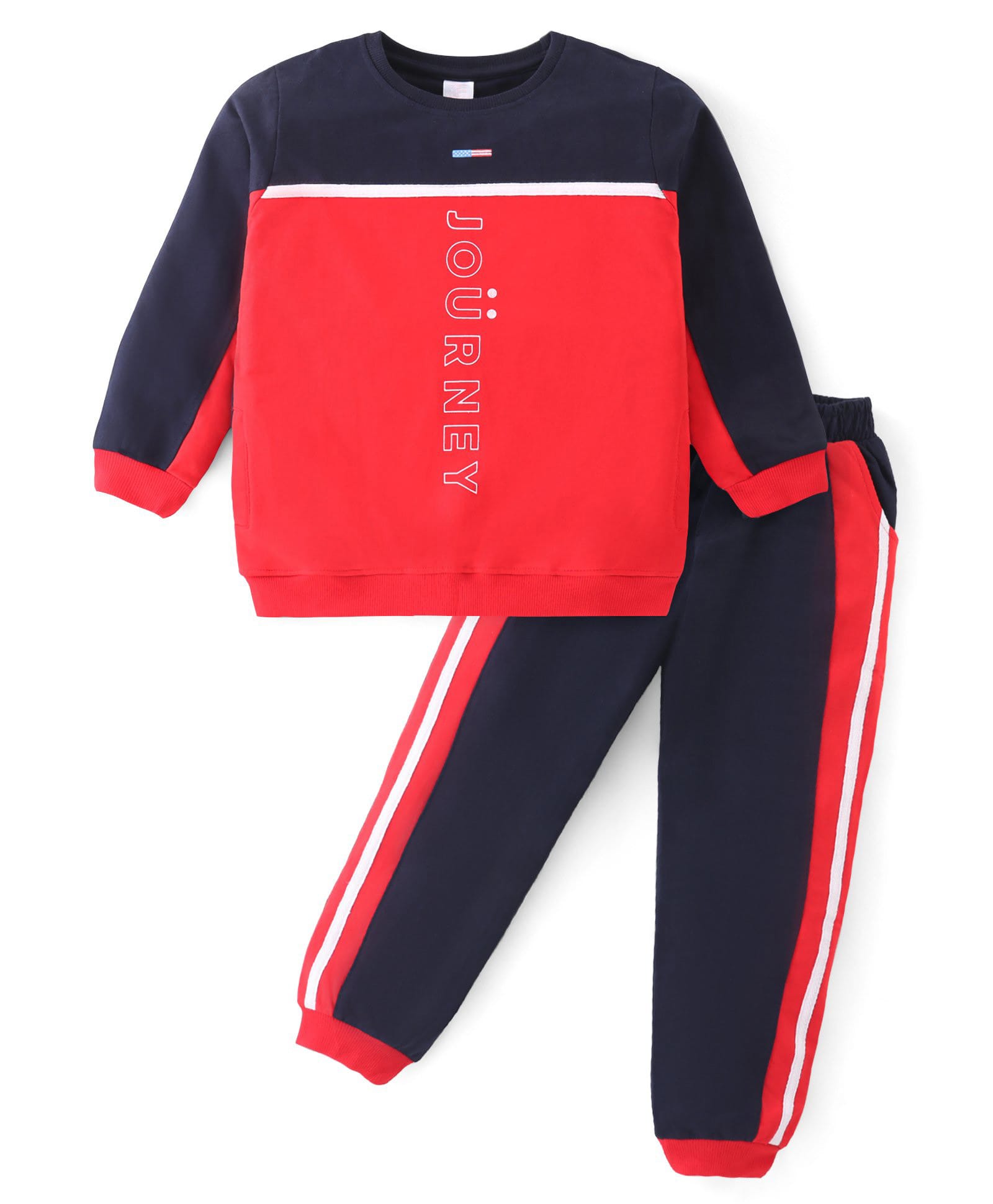 Mark & Mia Terry Knit Full Sleeves Cut & Sew Winter Wear T-Shirt & Joggers Set with Journey Text Print - Red-picture-11