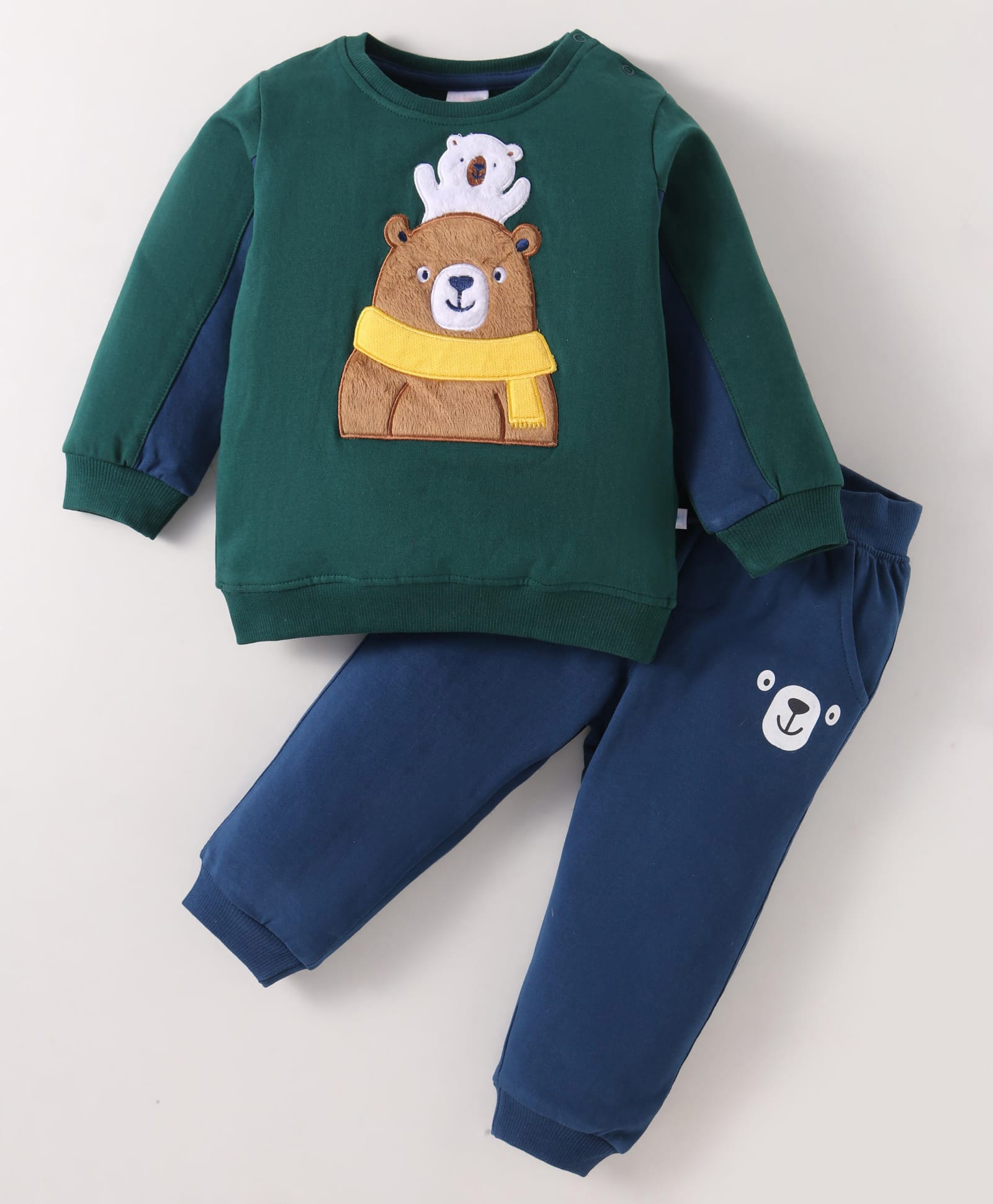 Mark & Mia Terry Knit Full Sleeves Winter Wear T-Shirt & Lounge Pant Set With Bear Applique - Green & Navy Blue-image-19