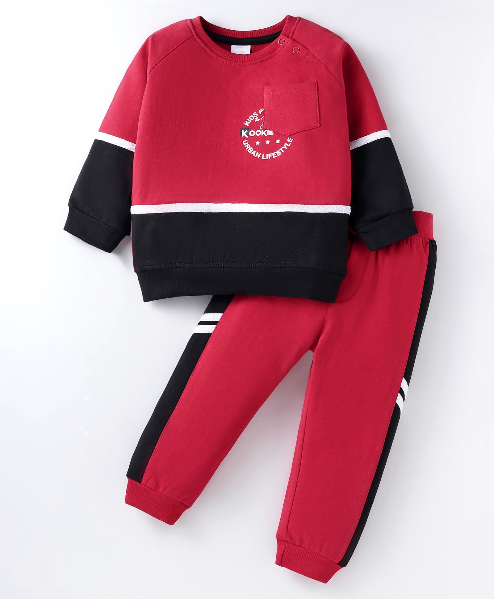 Mark & Mia Terry Knit Full Raglan Sleeves Cut & Sew Winter Wear Sweatshirt & Lounge Pant Set with Text Print - Red & Black-picture-28