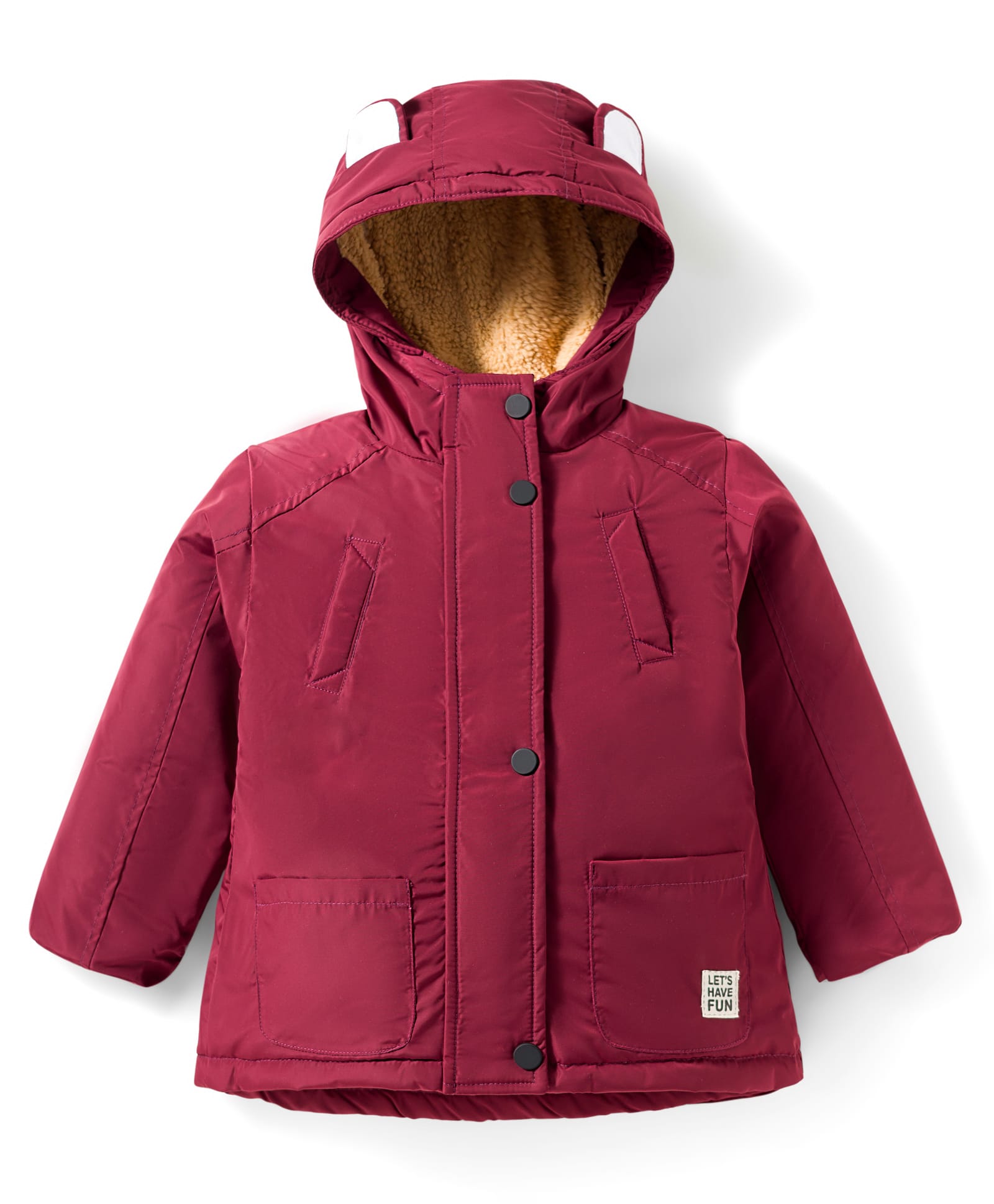 Babyhug Woven Full Sleeves Solid Color Hooded Winter Jacket With Ear Applique - Wine-picture-12