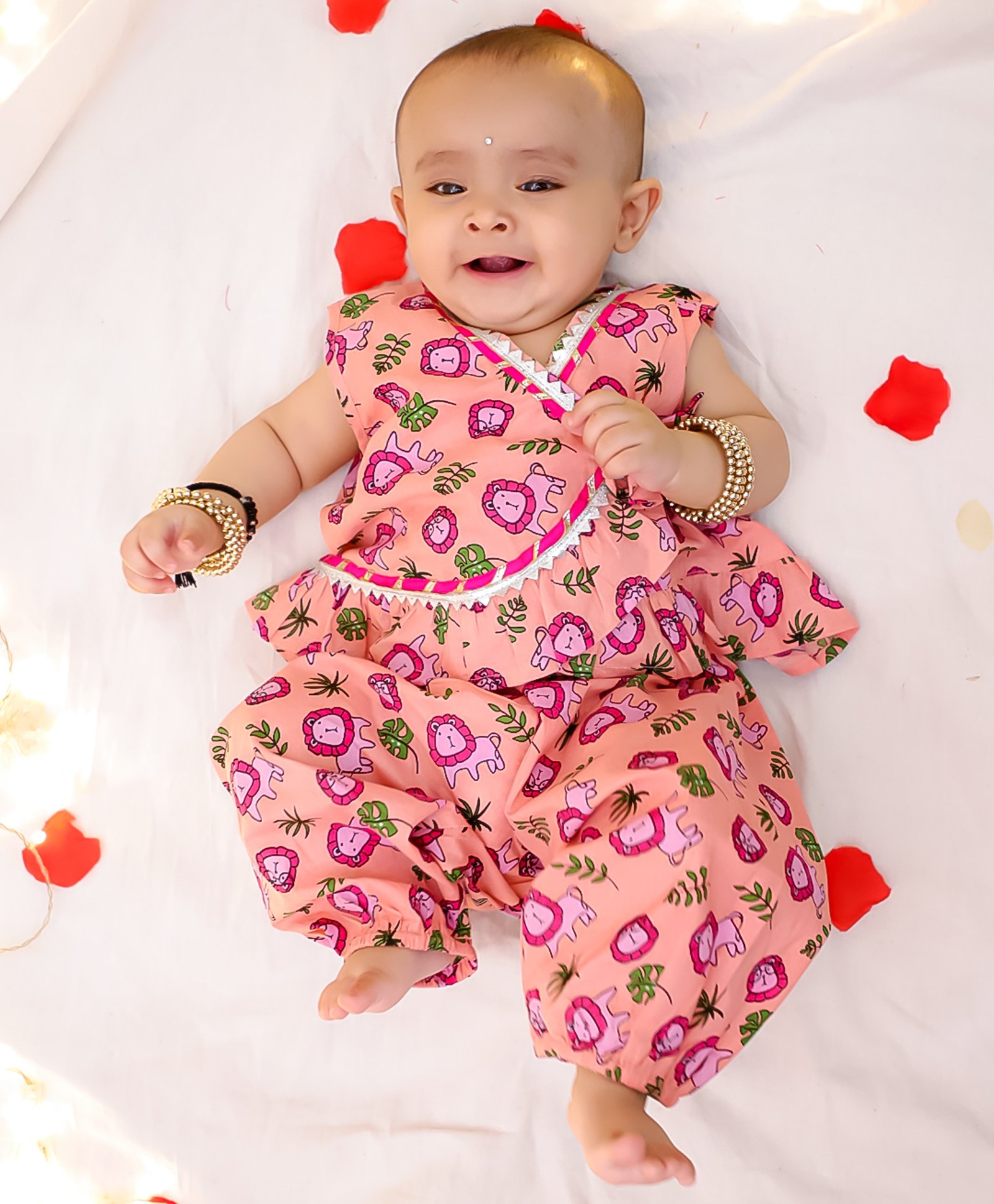 BownBee Pure Cotton Woven Sleeveless Lion & Leaves Printed Crop Kurta & Coordinating Harrem Pant Set - Pink-picture-22