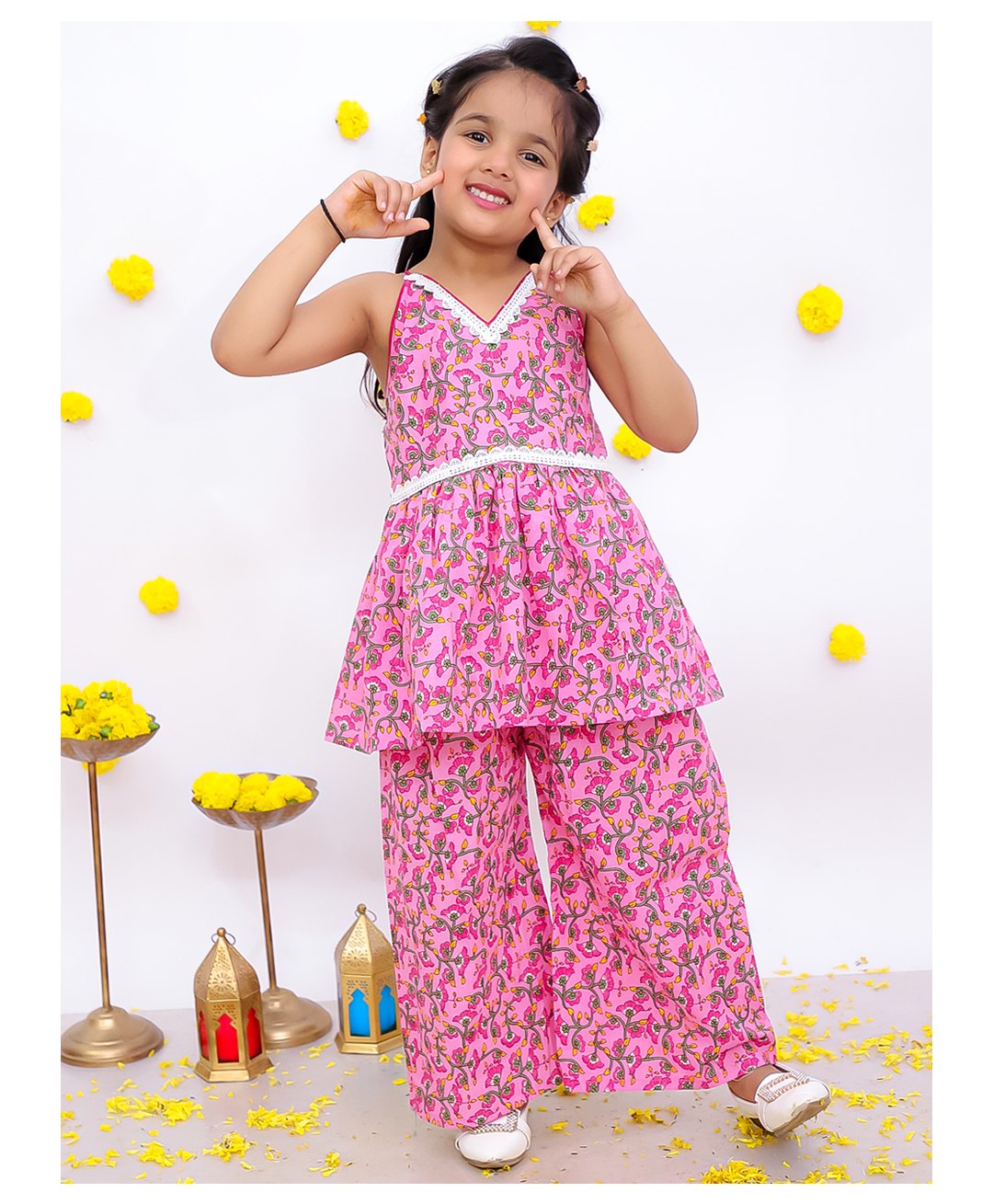 BownBee Pure Cotton Woven Sleeveless Floral Printed Kurta & Palazzo Set - Pink-picture-33