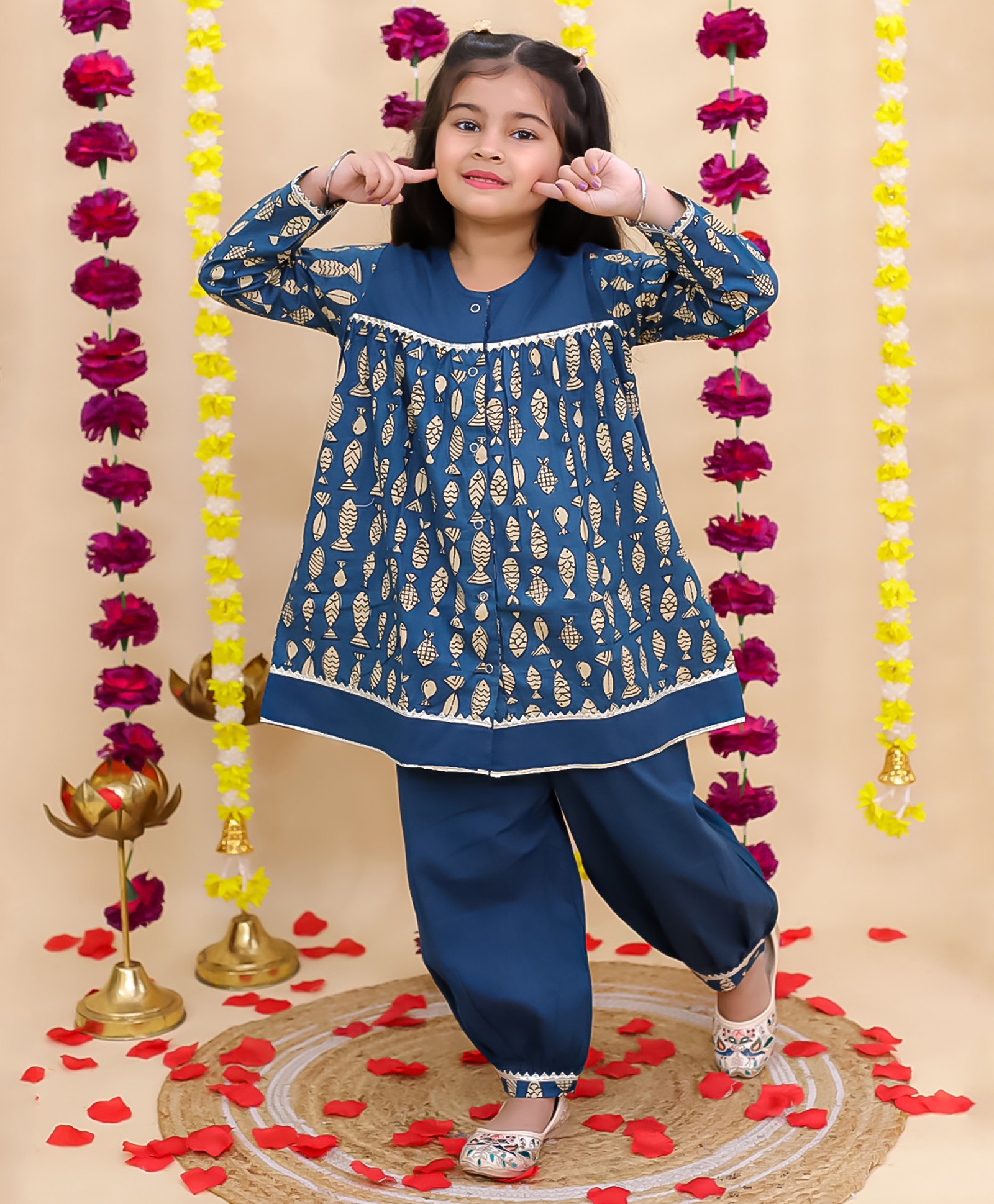 BownBee Cotton Woven Full Sleeves Fish Printed Gota Lace Embellished Kurti Pant Set - Blue-picture-32