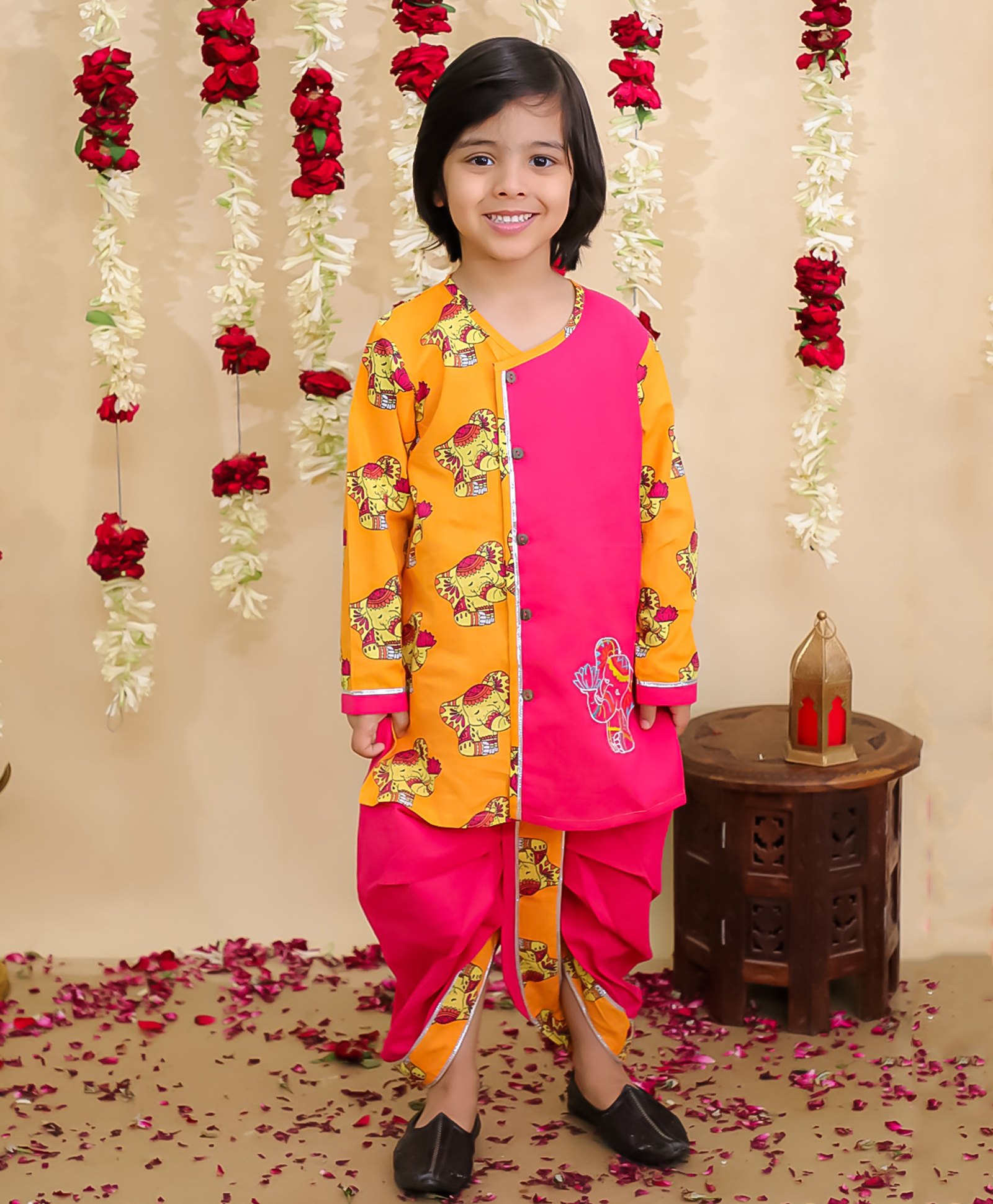 BownBee Pure Cotton Woven Full Sleeves Elephant Embroidered & Printed Gota Lace Embellished Dhoti Kurta Set - Orange-picture-17