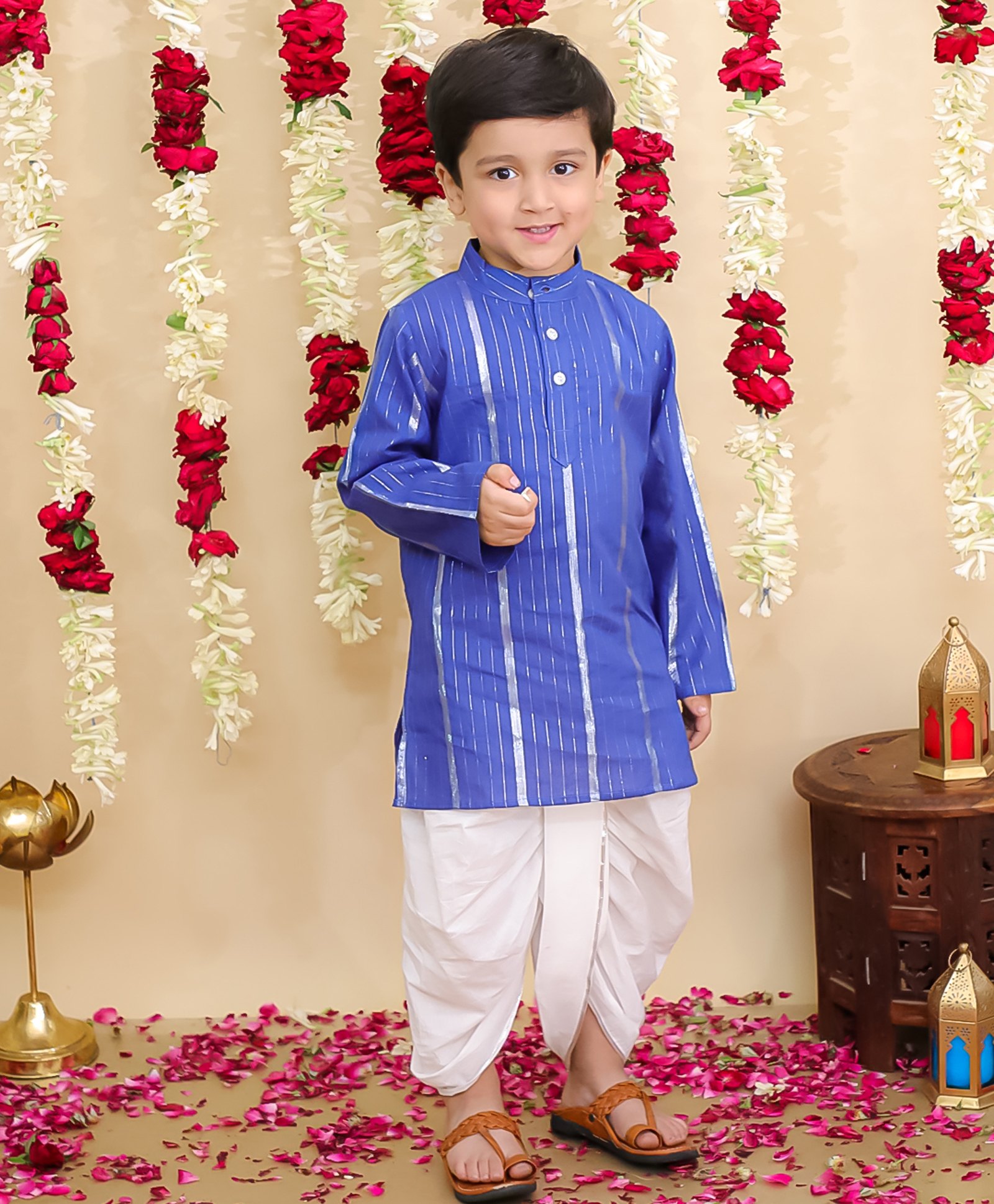 BownBee Pure Cotton Woven Full Sleeves Glitter Striped Dhoti Kurta Set - Blue-picture-14