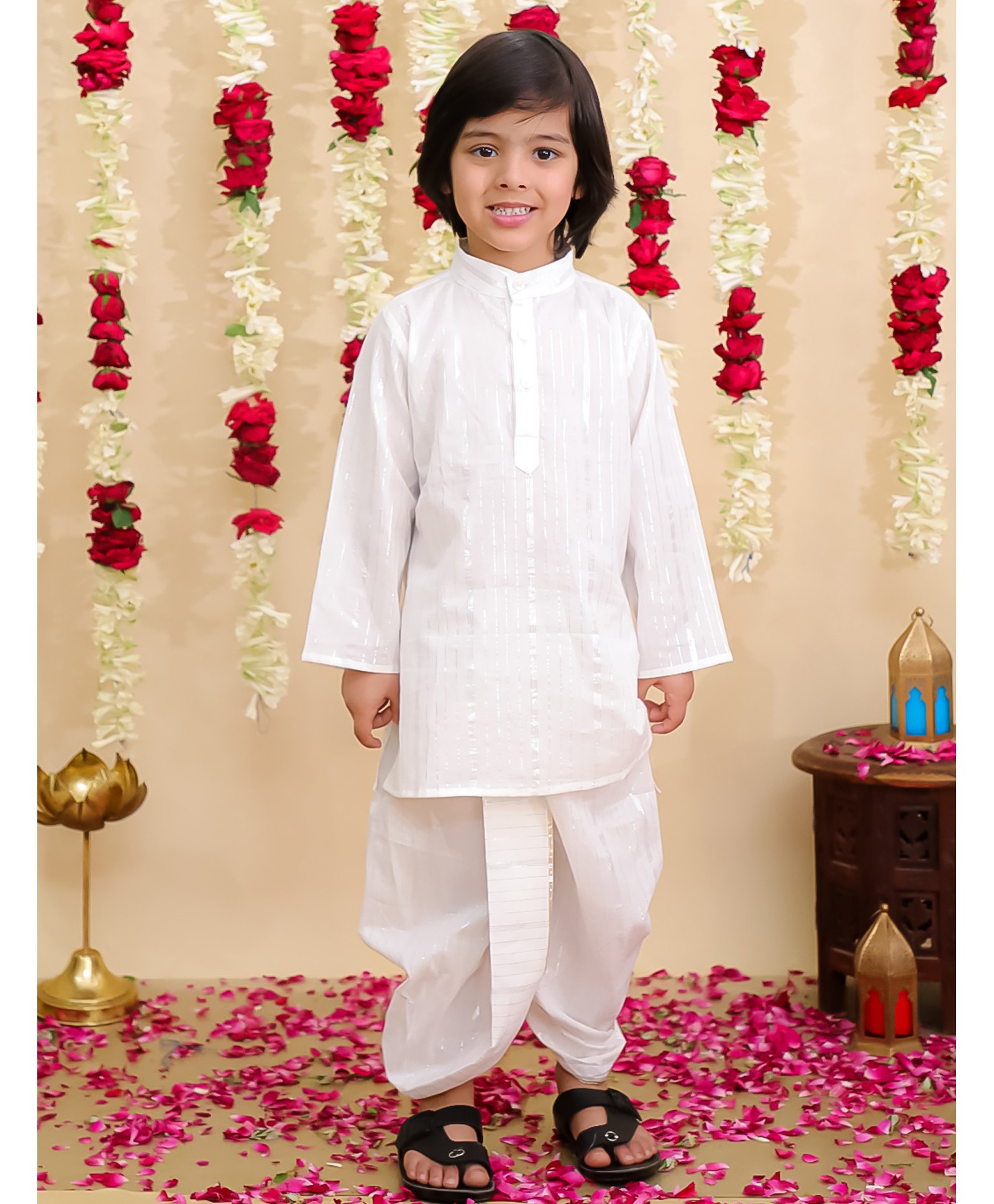 BownBee Pure Cotton Woven Full Sleeves Glitter Striped Dhoti Kurta Set - White-image-38