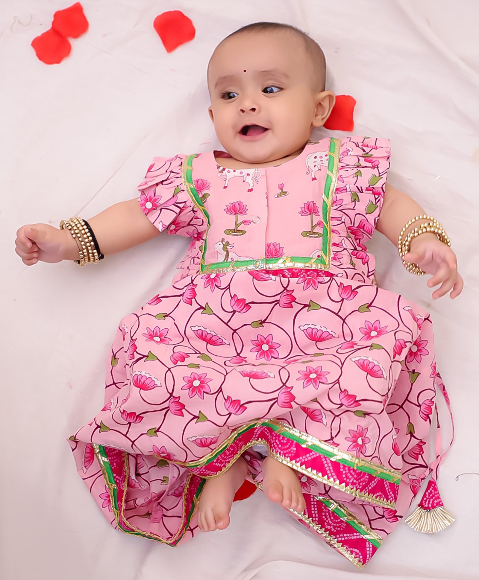 BownBee Pure Cotton Woven Sleeveless Floral & Cows Printed Gota Lace Embellished Lehenga Choli Set - Pink-picture-17